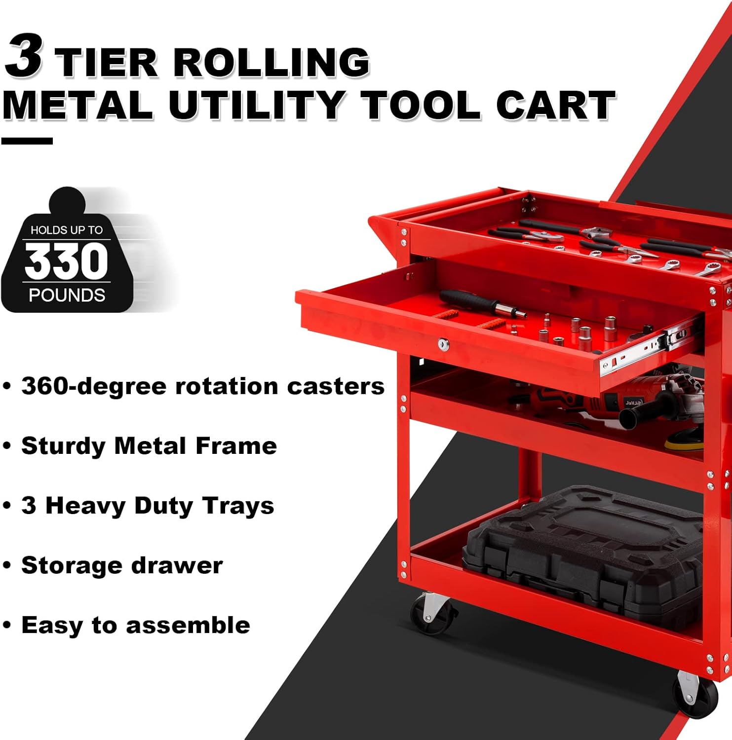 3 TIER ROLLING METAL UTILITY TOOL CART HOLDS UP TO 330 POUNDS

360-degree rotation casters
Sturdy Metal Frame
3 Heavy Duty Trays
Storage drawer
Easy to assemble