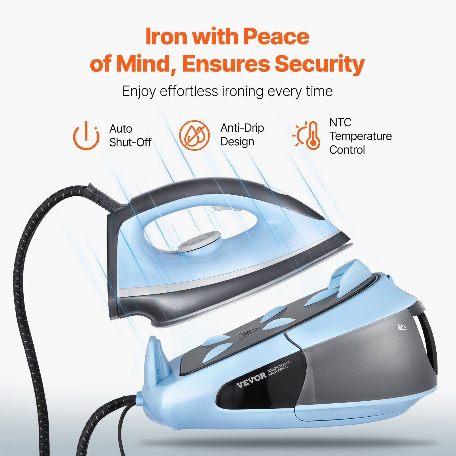 Iron with Peace of Mind, Ensures Security  
Enjoy effortless ironing every time  
Auto Shut-Off  
Anti-Drip Design  
NTC Temperature Control  

MAX TOOLS TOUGH PROLE  
VEVOR