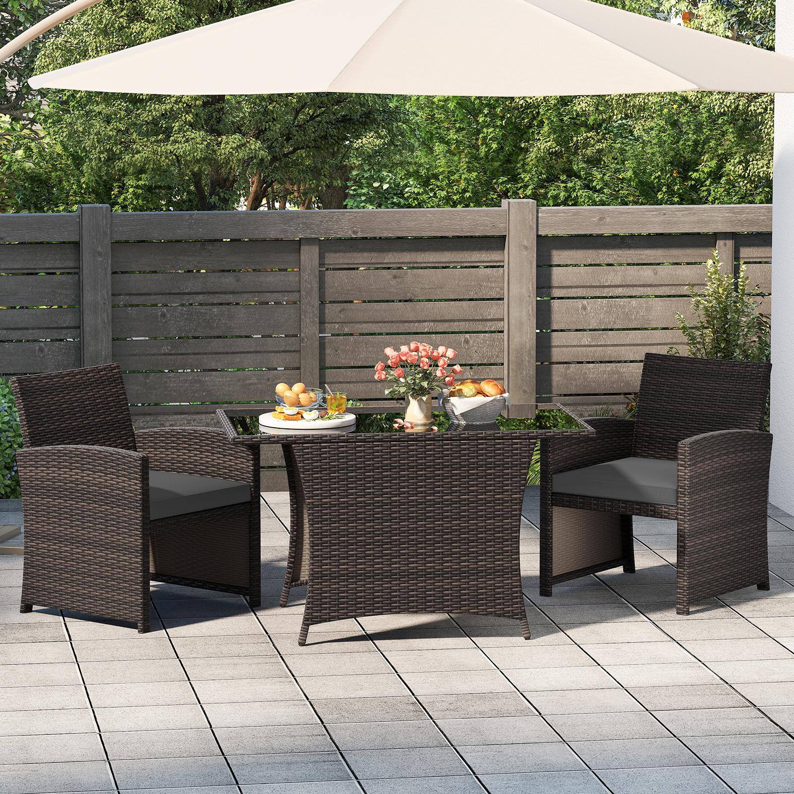 Alt View 3. Costway - Costway 3 Pieces Wicker Bistro Set Balcony Furniture Set with Tempered Glass Dining Table - Mix Brown+Gray.