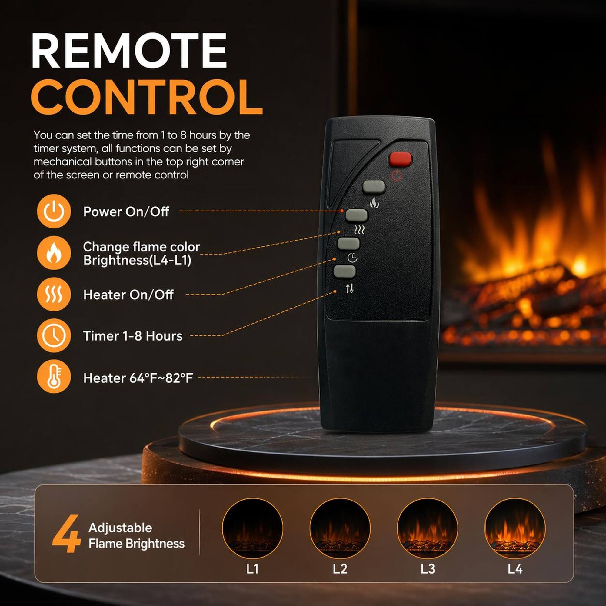 REMOTE CONTROL

You can set the time from 1 to 8 hours by the timer system, all functions can be set by mechanical buttons in the top right corner of the screen or remote control

- Power On/Off
- Change flame color Brightness(L4-L1)
- Heater On/Off
- Timer 1-8 Hours
- Heater 64°F~82°F

4 Adjustable Flame Brightness

L1 L2 L3 L4