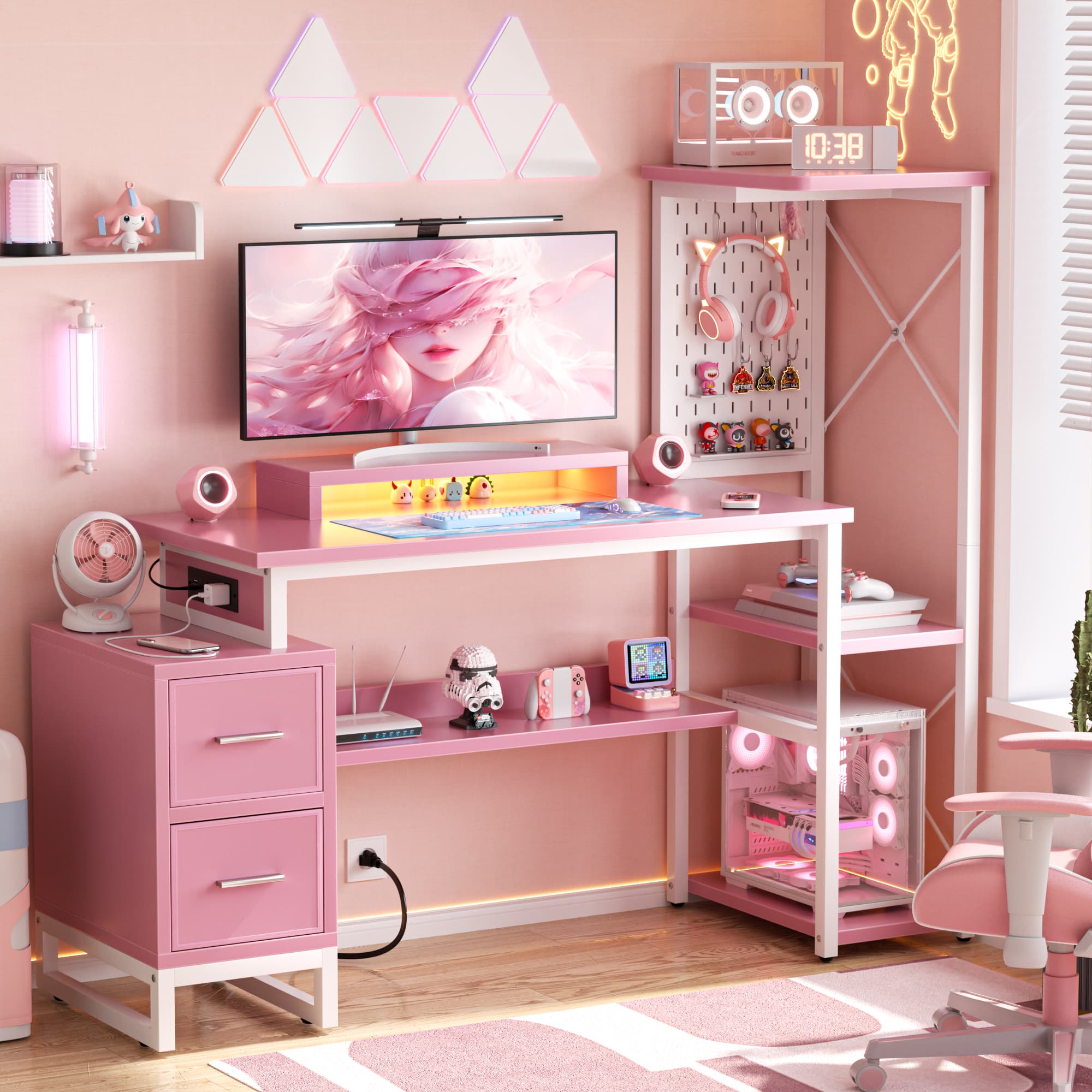 Aheaplus - Gaming Desk with 2 Fabric Drawers and LED Lights, Reversible Computer Desk with Outlets & DIY Pegboard - Pink