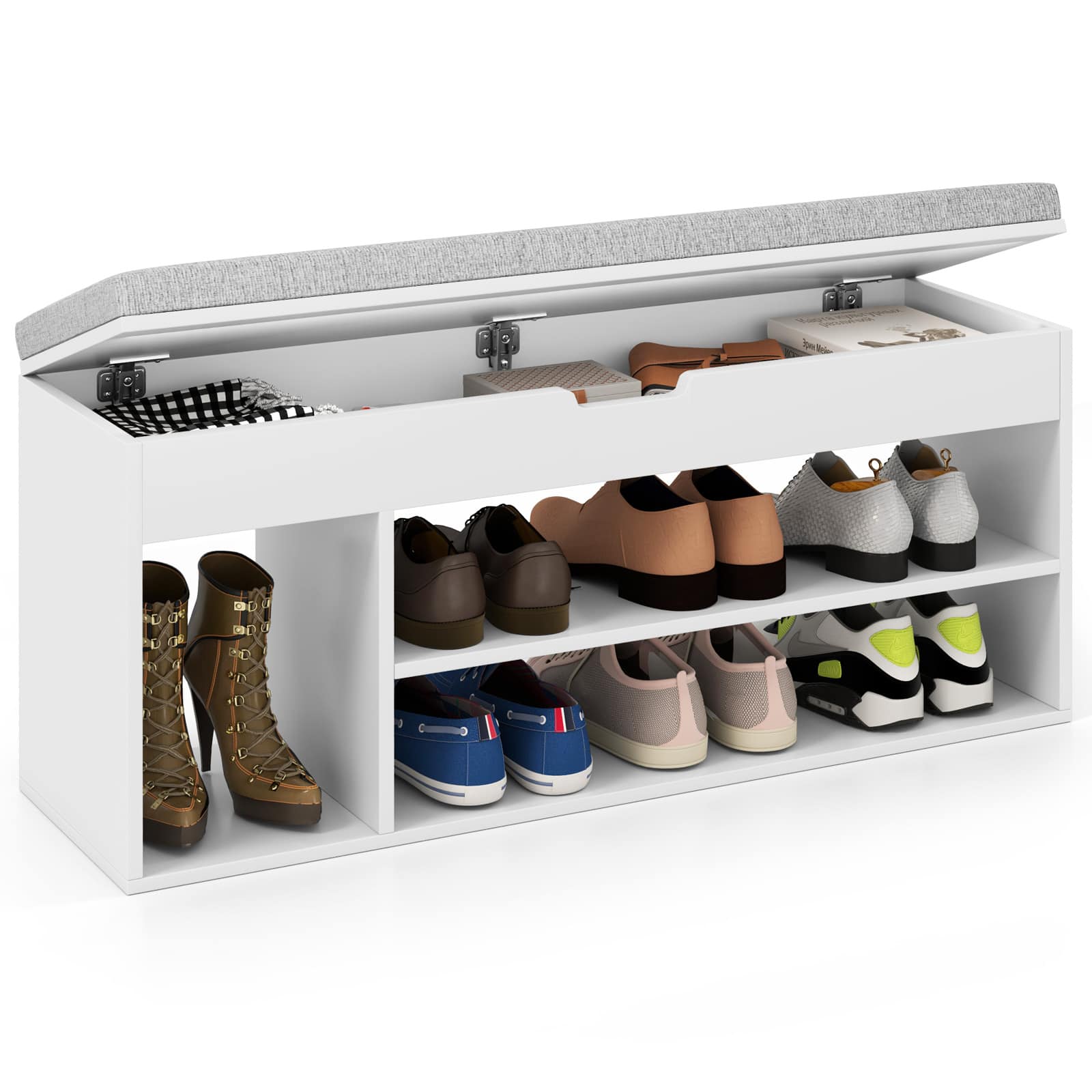 Gymax - Shoe Bench Home Entryway Shoes Storage Bench w/ Padded Seat & Hidden Storage White - White, Grey