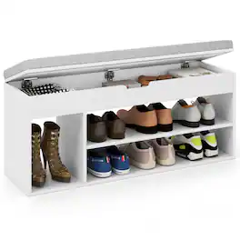 Gymax - Shoe Bench Home Entryway Shoes Storage Bench w/ Padded Seat & Hidden Storage White - White, Grey