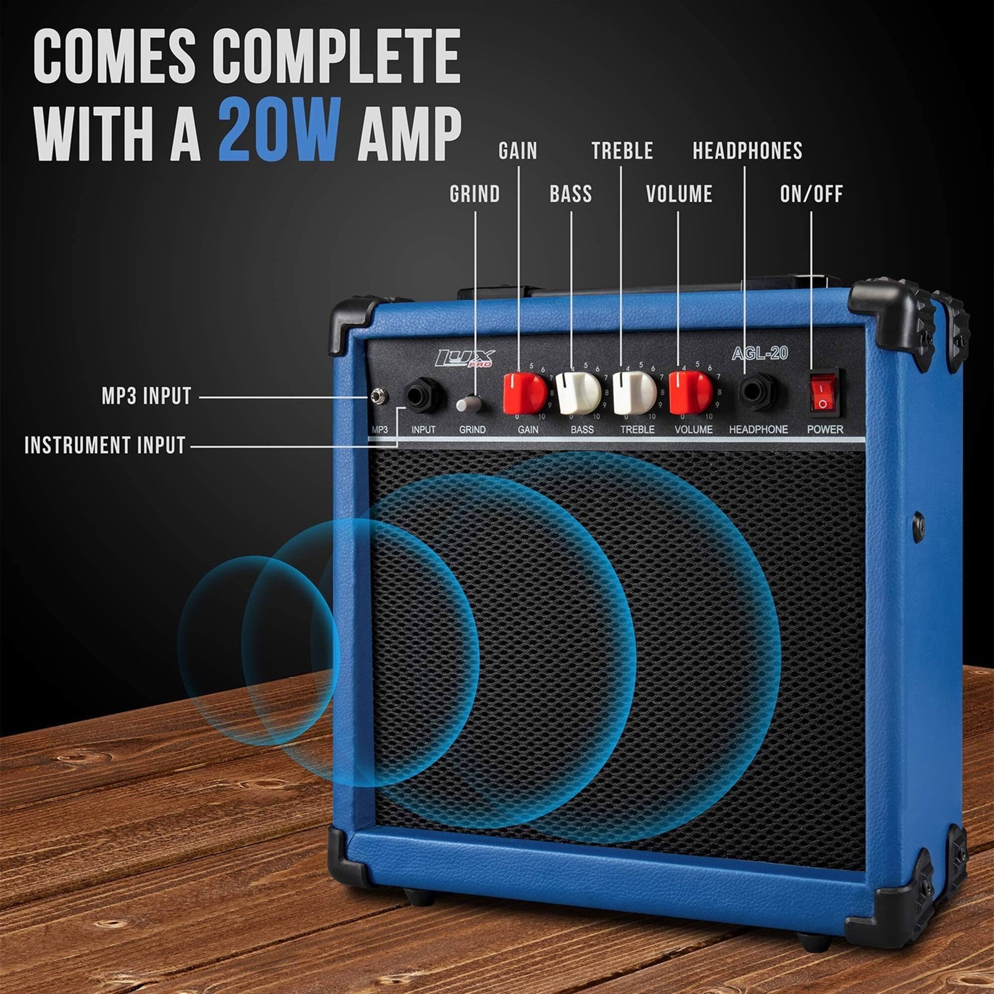 COMES COMPLETE WITH A 20W AMP

- GAIN
- TREBLE
- HEADPHONES
- BASS
- VOLUME
- ON/OFF
- MP3 INPUT
- INSTRUMENT INPUT

AGL-20

- GAIN
- BASS
- TREBLE
- VOLUME
- HEADPHONE
- POWER