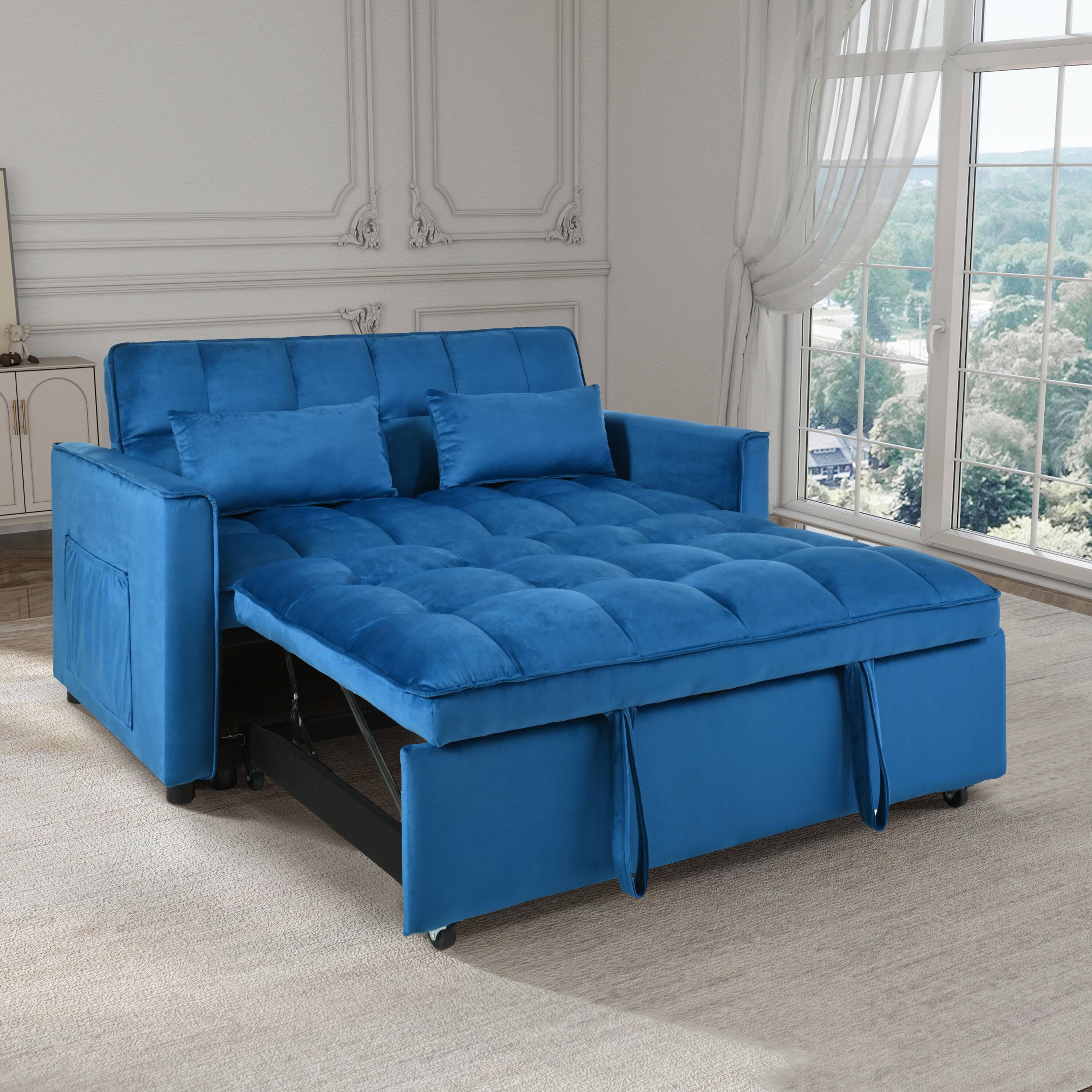 Angle. APRILSOUL - Convertible Sofa Bed 3 in 1 Pull Out Reclining Backrest Pillows Full Sleeper Loveseat Living Room Home Office - Blue.