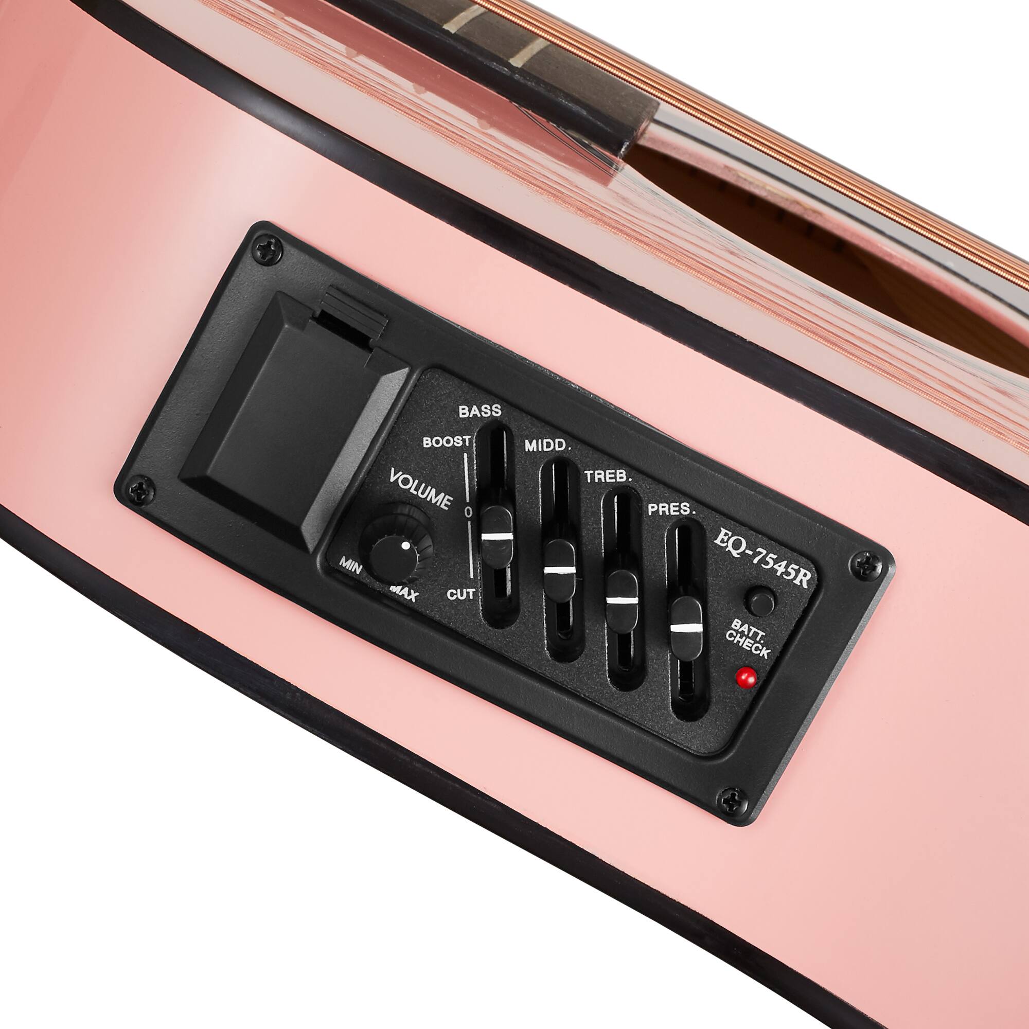 BASS BOOST VOLUME MIN MAX CUT MIDD. TREB. PRES. EQ-7545R CHECK BATT.
