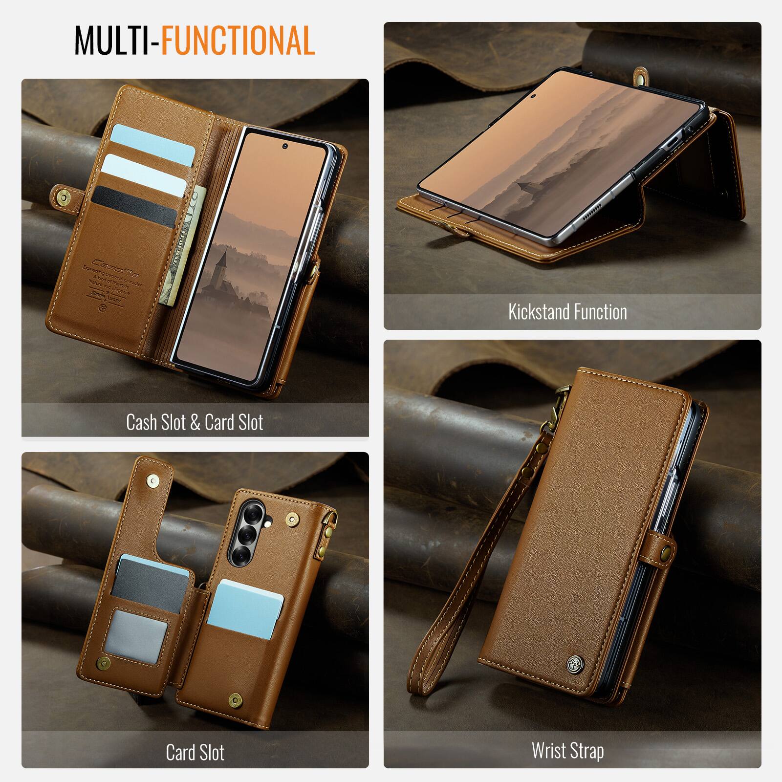 MULTI-FUNCTIONAL

- Kickstand Function
- Cash Slot & Card Slot
- Card Slot
- Wrist Strap