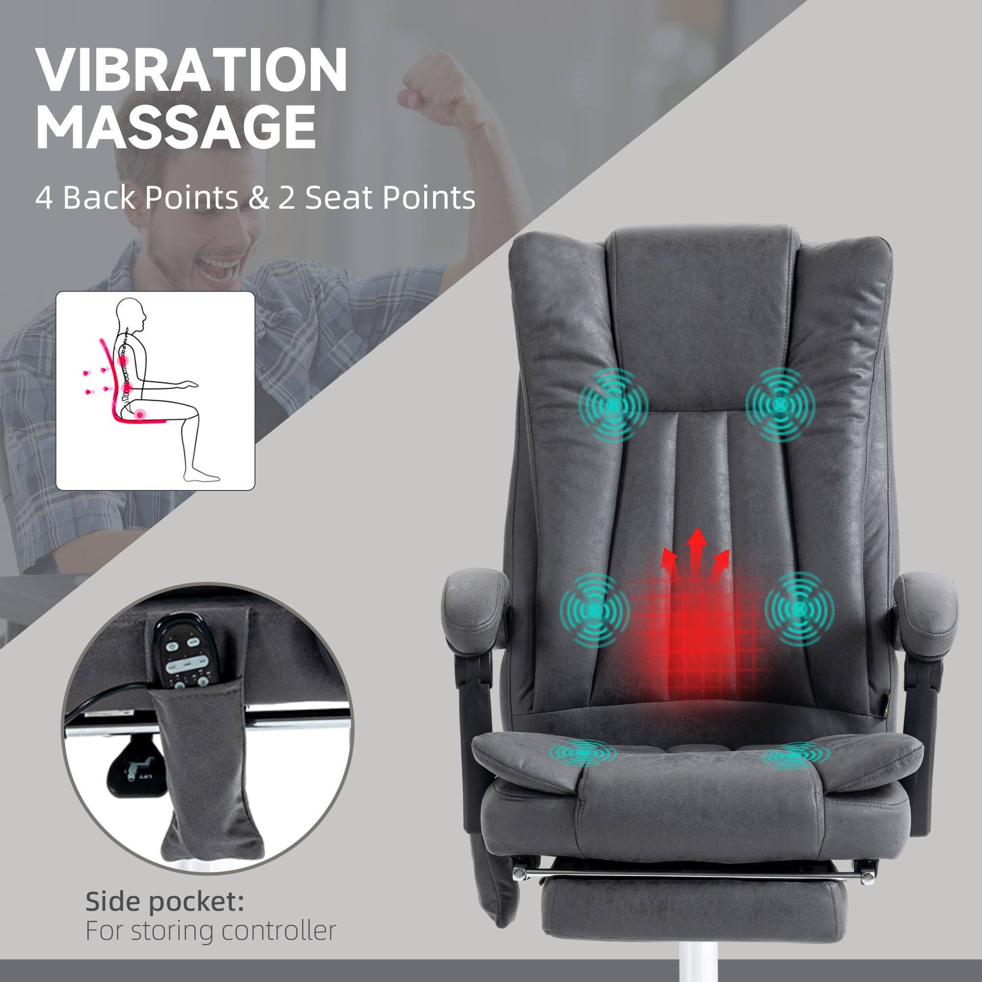 VIBRATION MASSAGE
4 Back Points & 2 Seat Points
Side pocket: For storing controller