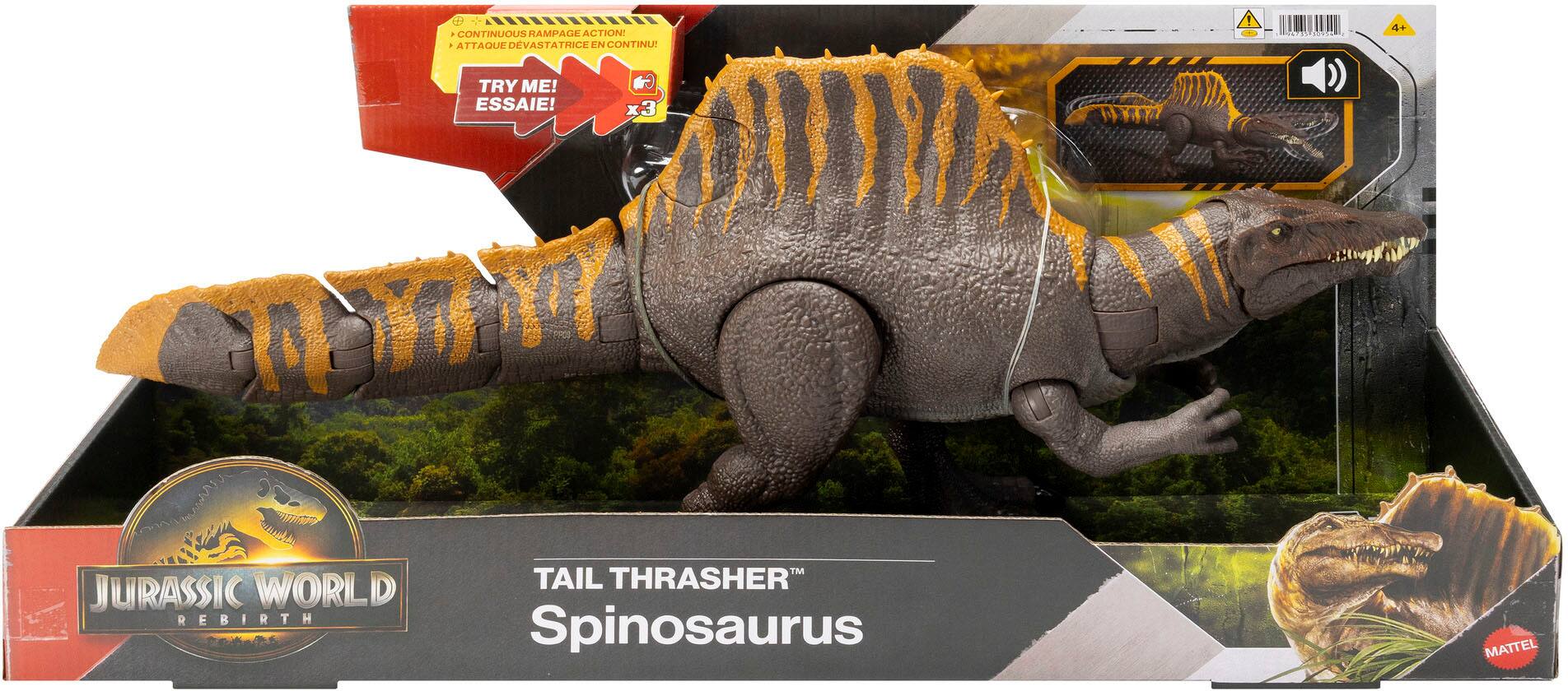Sure, here is the corrected and grouped text from the image:

---

**Jurassic World: Rebirth**

**Tail Thrasher Spinosaurus**

**Continuous Rampage Action 4 Attaque Devastatrice en Continu!**

**Try Me! ESSAIE! x3**

**MATTEL**

---

This text is taken from the packaging of the toy.