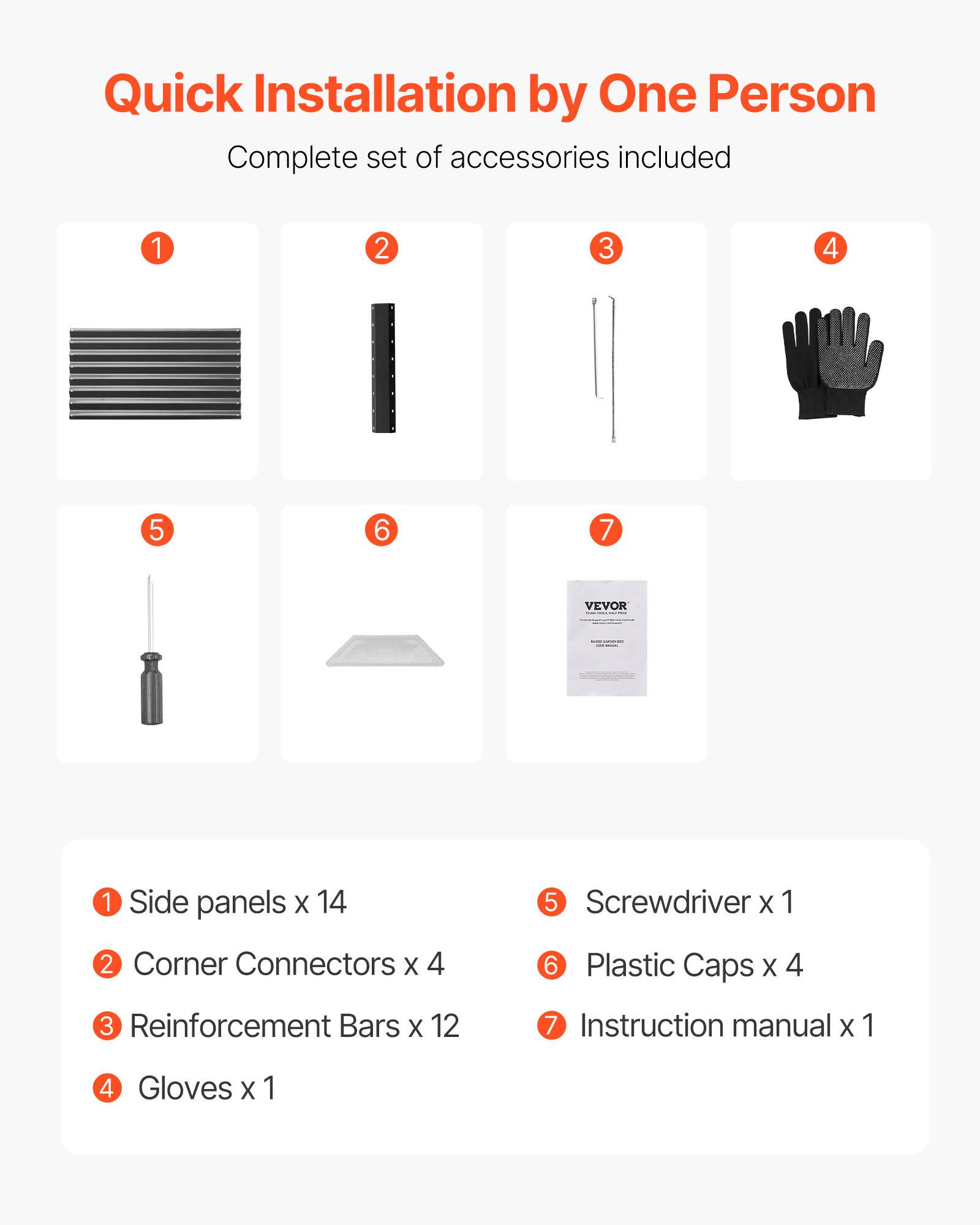 Quick Installation by One Person  
Complete set of accessories included  

1. Side panels x 14  
2. Corner Connectors x 4  
3. Reinforcement Bars x 12  
4. Gloves x 1  
5. Screwdriver x 1  
6. Plastic Caps x 4  
7. Instruction manual x 1