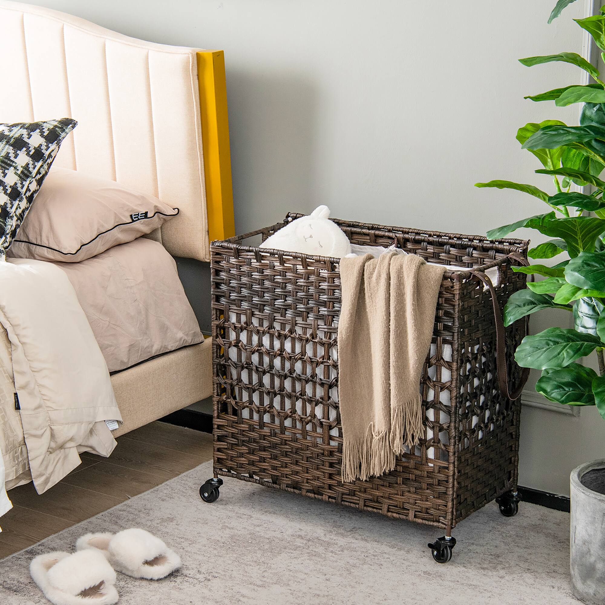 Alt View 13. Costway - 110L Laundry Hamper w/Wheels Clothes Basket w/Lid and Handle and 2 Liner Bags - Brown.
