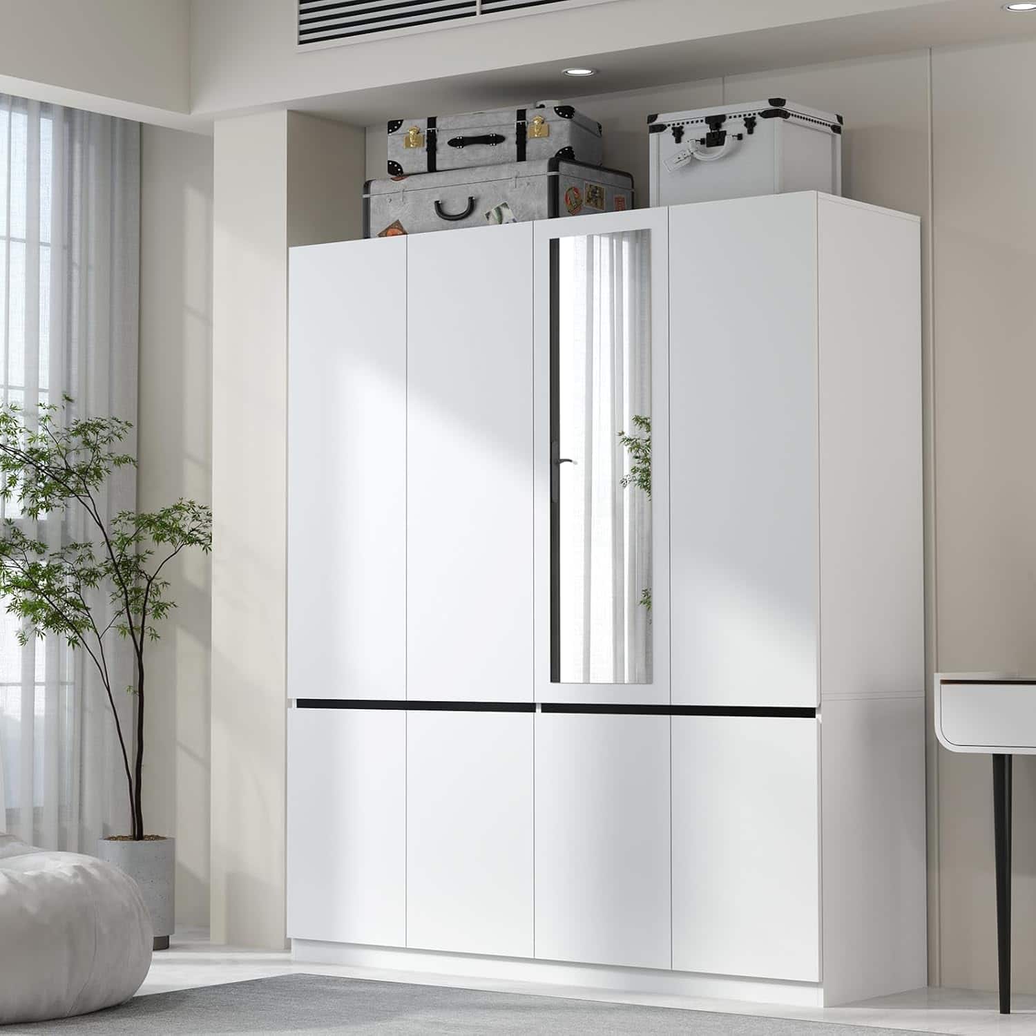 Tiramisubest - Wardrobe Armoire Closet,4 Door Cabinet with 2 Hanging Rod and 1 Mirror,Bedroom Large Capacity Wood Armoires Closet - White