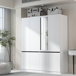 Tiramisubest - Wardrobe Armoire Closet,4 Door Cabinet with 2 Hanging Rod and 1 Mirror,Bedroom Large Capacity Wood Armoires Closet - White