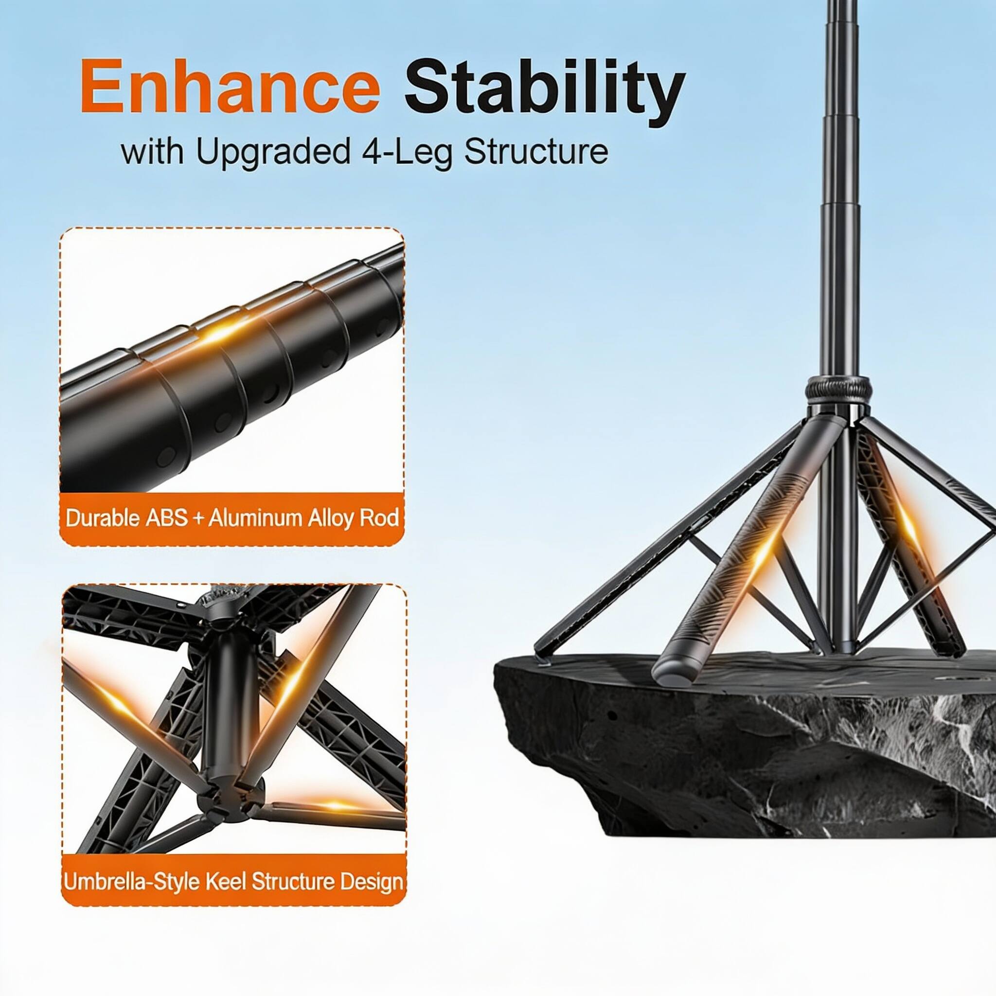 Enhance Stability with Upgraded 4-Leg Structure

- Durable ABS + Aluminum Alloy Rod
- Umbrella-Style Keel Structure Design