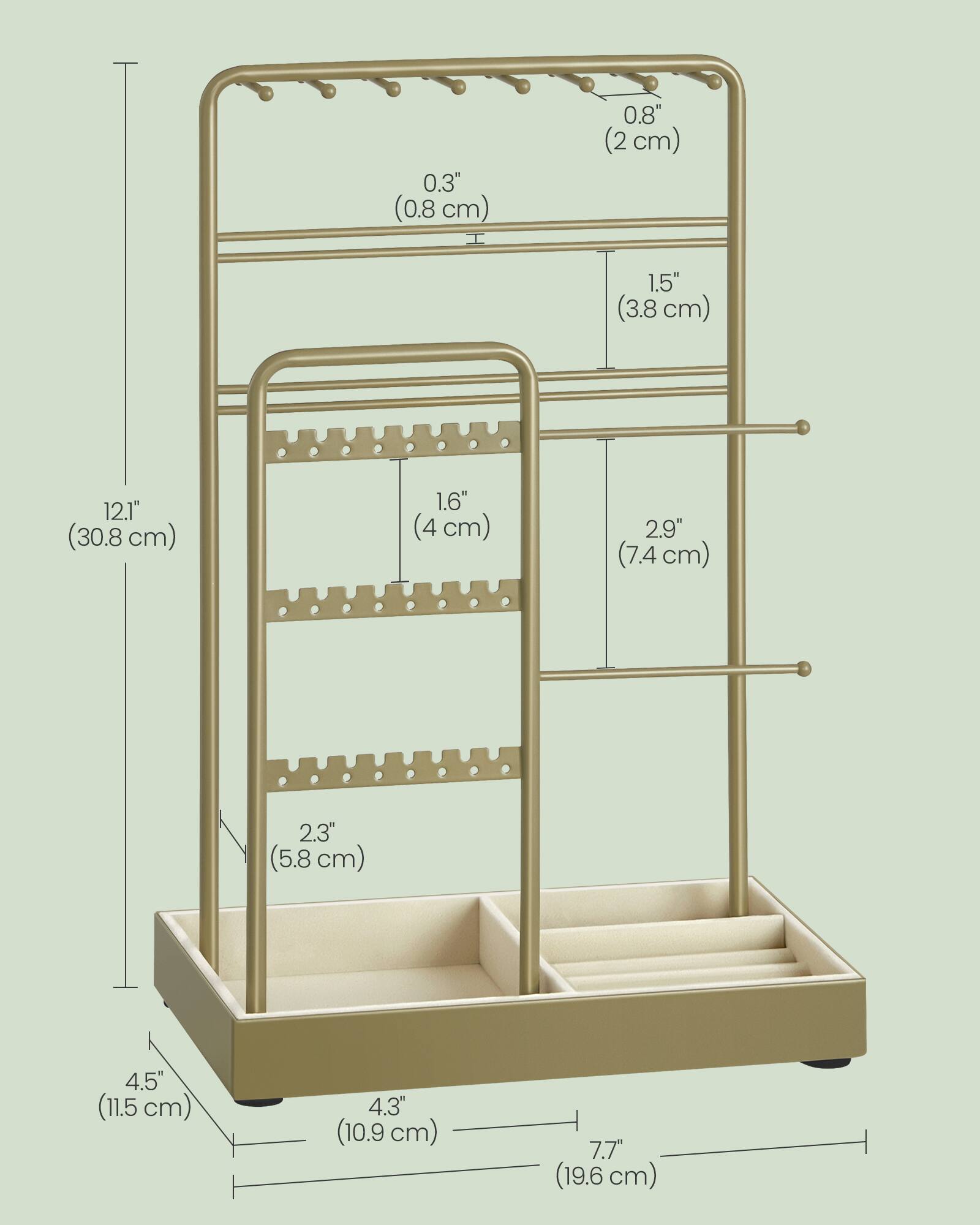 0.3" (0.8 cm)  
0.8" (2 cm)  
1.5" (3.8 cm)  
12.1" (30.8 cm)  
1.6" (4 cm)  
2.9" (7.4 cm)  
2.3" (5.8 cm)  
4.5" (11.5 cm)  
4.3" (10.9 cm)  
7.7" (19.6 cm)