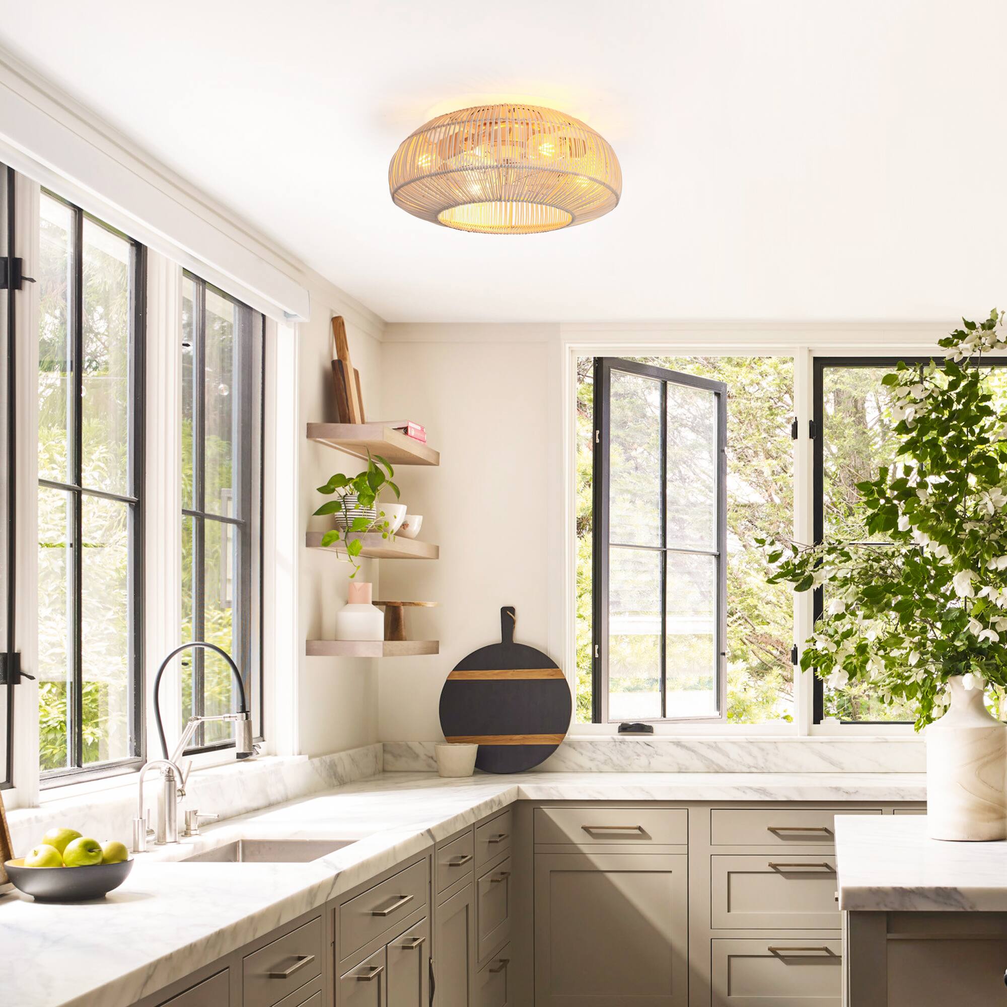 Alt View 1. Parrot Uncle - 20" Coastal Weave Rattan Gold Flush Mount Caged Ceiling Fan with Remote - Gold.