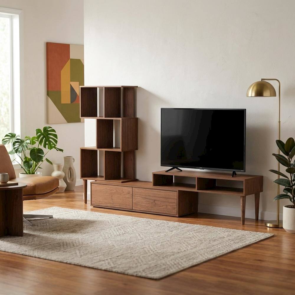 Alt View 1. FurniFact - Modern TV Stand with Black Finish, Spacious Storage and Open Shelves - Brown.