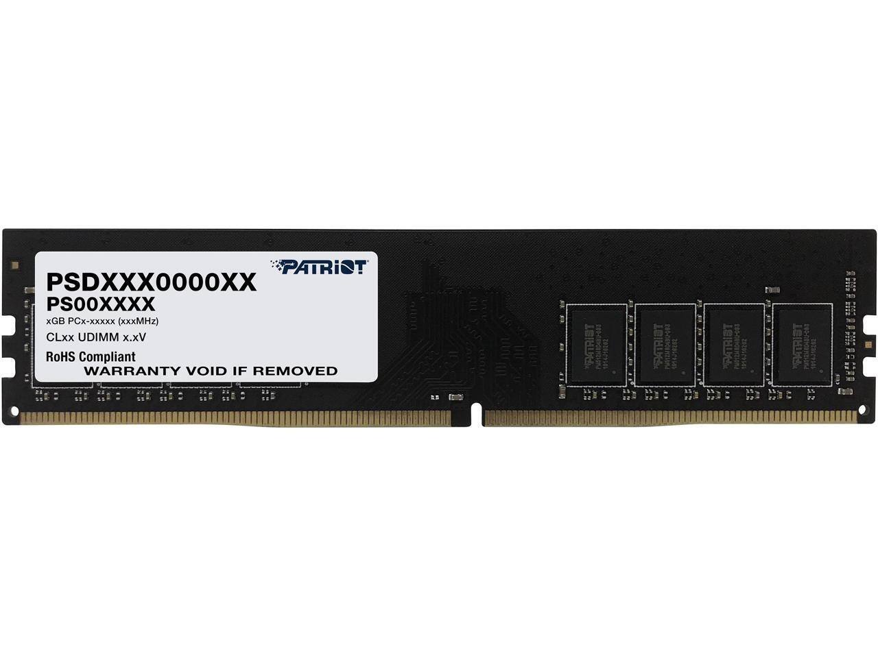 PATRIOT  
PSDXXX0000XX  
PS00XXXX  
xGB PCx-xxxx (xxxMHz)  
CLxx UDIMM x.xV  
RoHS Compliant  
WARRANTY VOID IF REMOVED