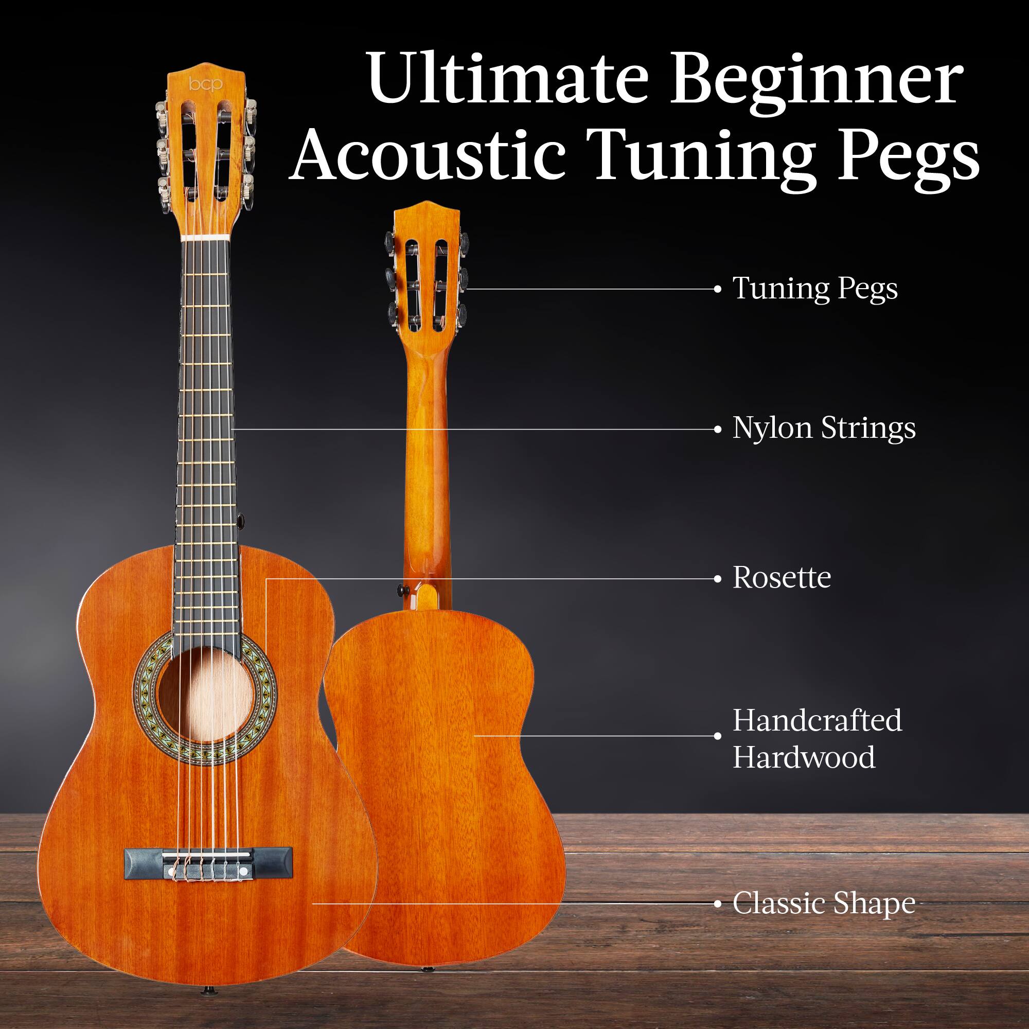 Ultimate Beginner Acoustic Tuning Pegs

- Tuning Pegs
- Nylon Strings
- Rosette
- Handcrafted Hardwood
- Classic Shape