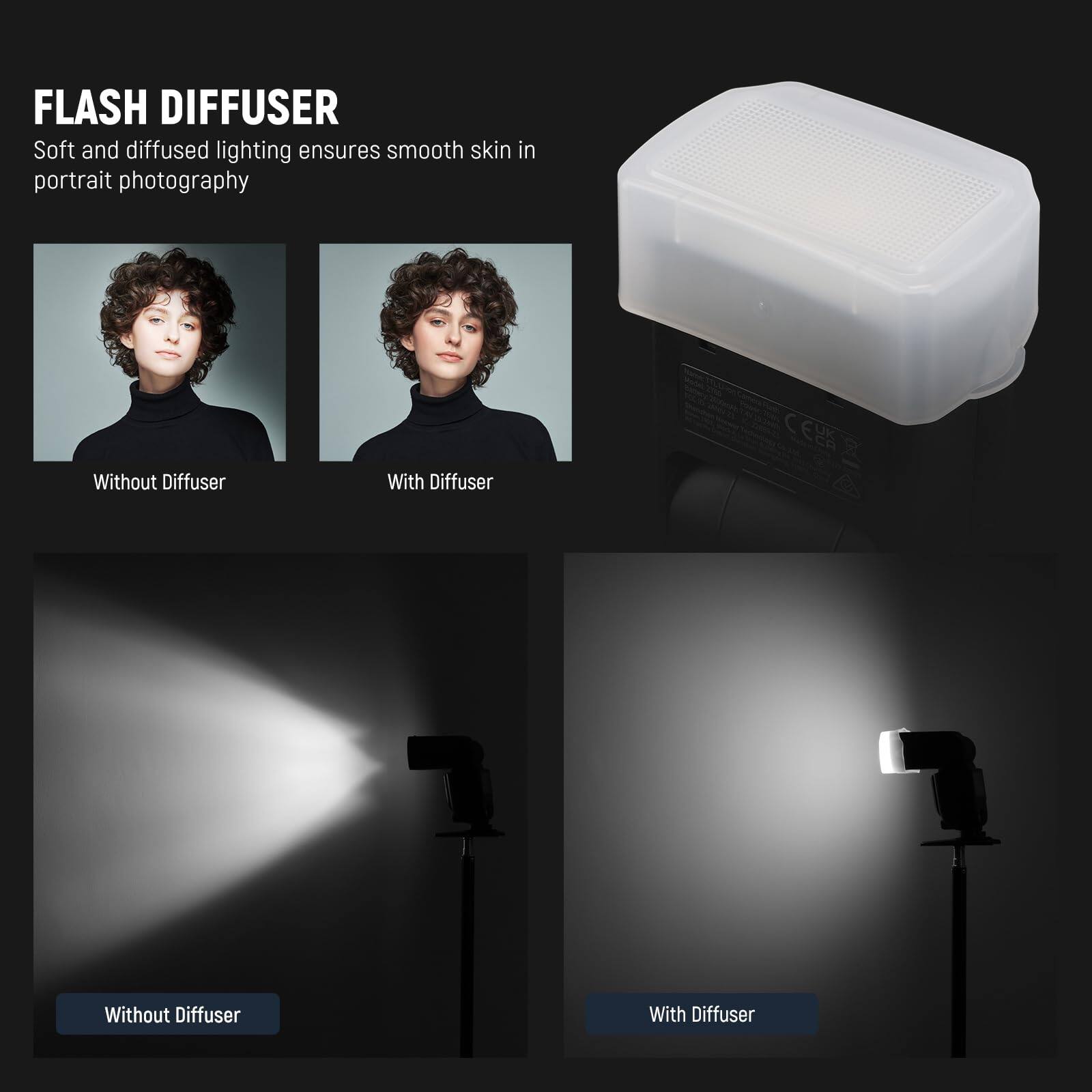 FLASH DIFFUSER  
Soft and diffused lighting ensures smooth skin in portrait photography  

Without Diffuser  
With Diffuser  

Without Diffuser  
With Diffuser