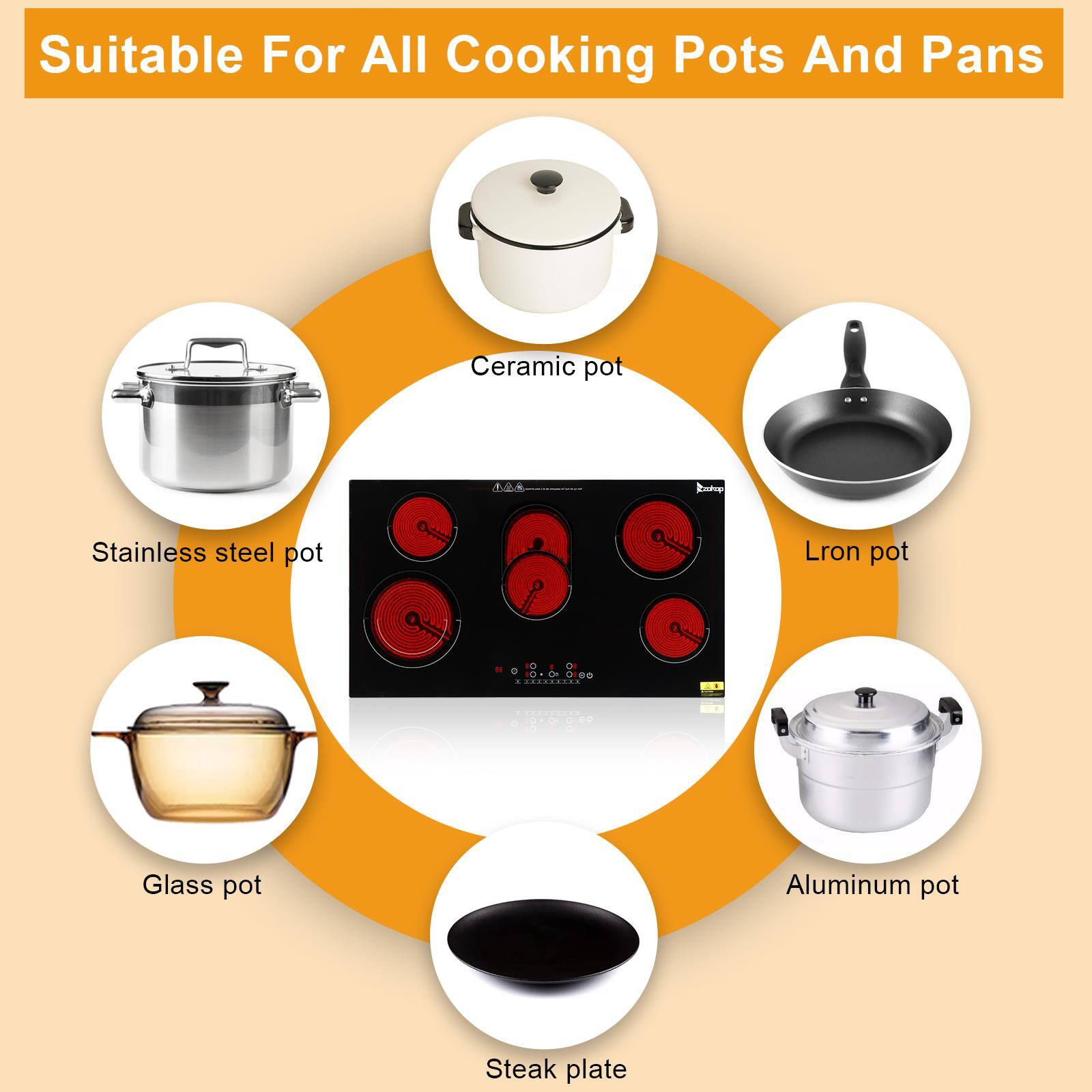 Suitable For All Cooking Pots And Pans

- Ceramic pot
- Stainless steel pot
- Glass pot
- Iron pot
- Aluminum pot
- Steak plate
