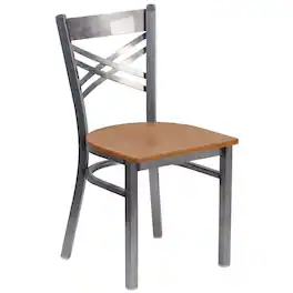 Emma + Oliver - Clear Coated "X" Back Metal Restaurant Dining Chair - Natural Wood Seat/Clear Coated Metal Frame