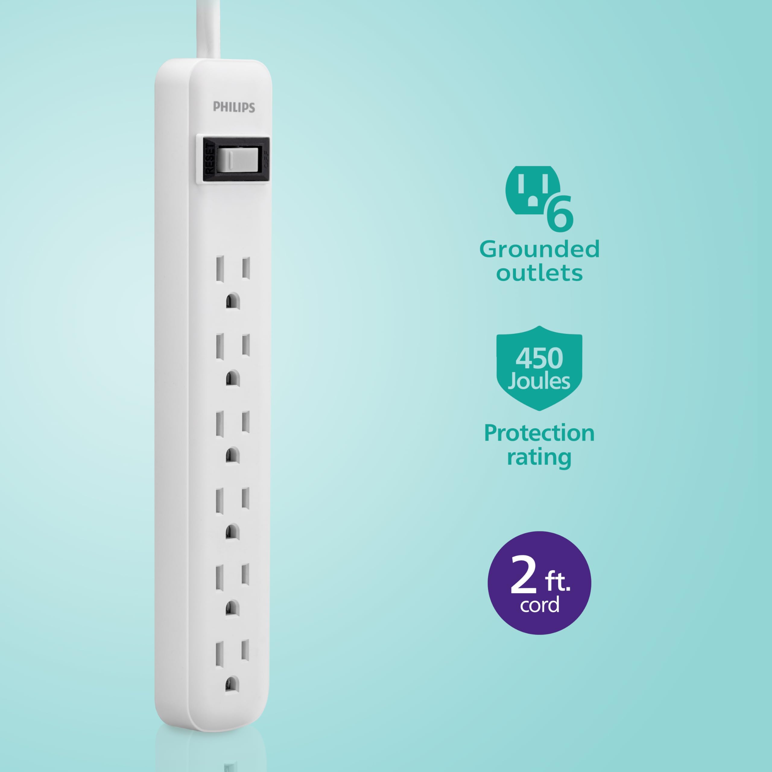 PHILIPS RESI 6 Grounded outlets 450 Joules Protection rating 2 ft. cord