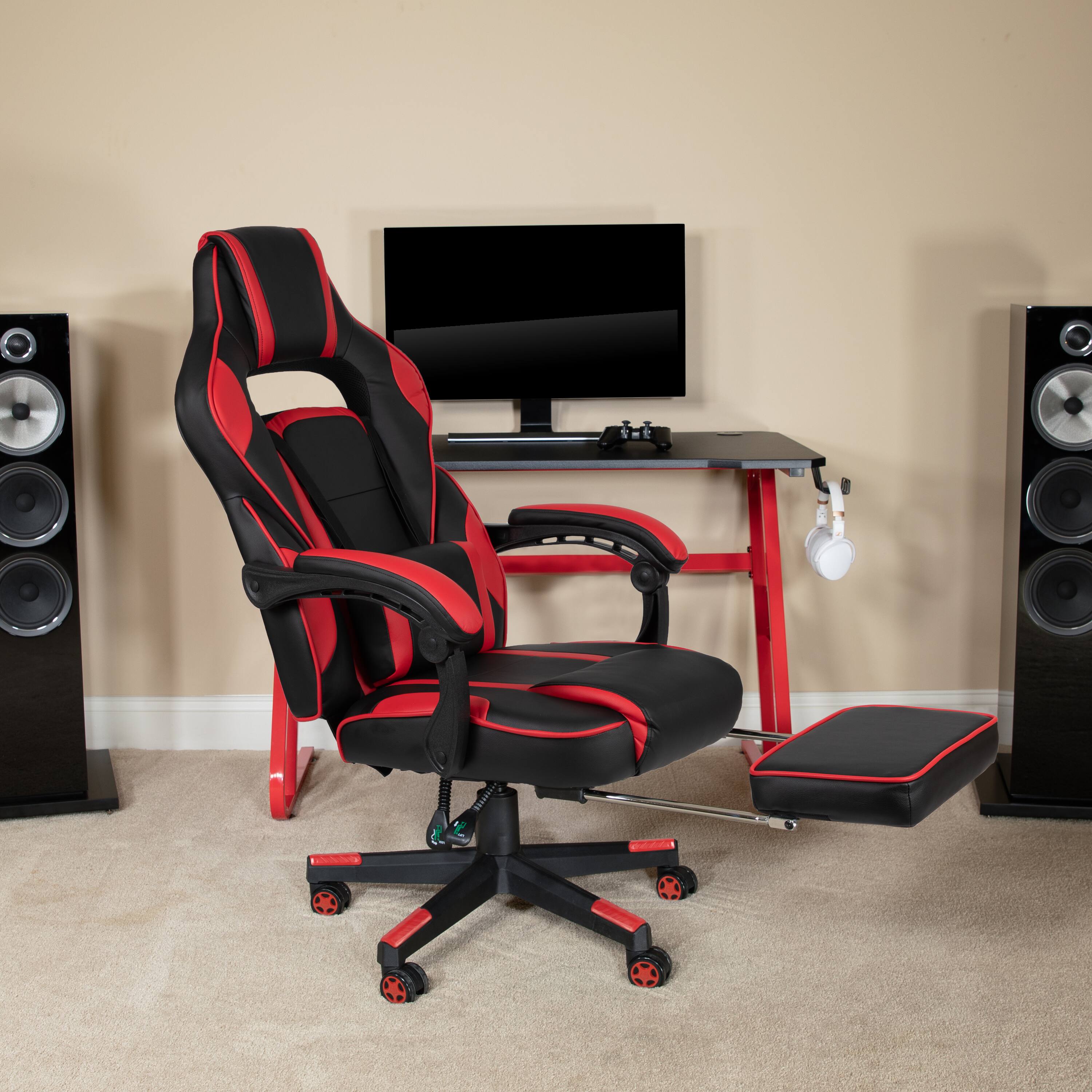 Alt View 3. Emma + Oliver - Ergonomic Gaming Chair -Recline Back/Arms, Footrest, Massaging Lumbar - Black with Red Trim.