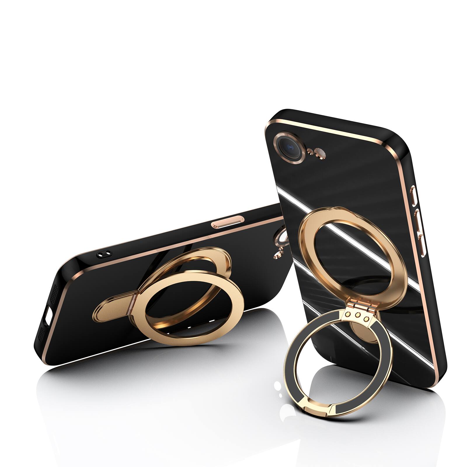 Back. Dteck - Mag Safe Case for Apple iPhone 16e/17e,Slim Shockproof TPU Case with Metal Stand Plated Bumper Bulit in Glass Lens Film - Black.