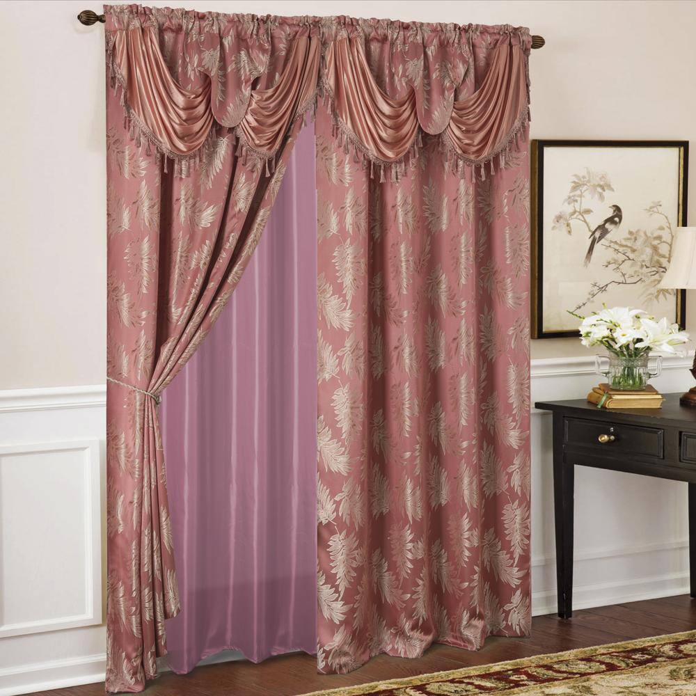 Front. Olivia Gray - Olivia Gray Palm Floral Textured Jacquard 54 x 84 in. Single Rod Pocket Curtain Panel Valance in Rose - Rose.