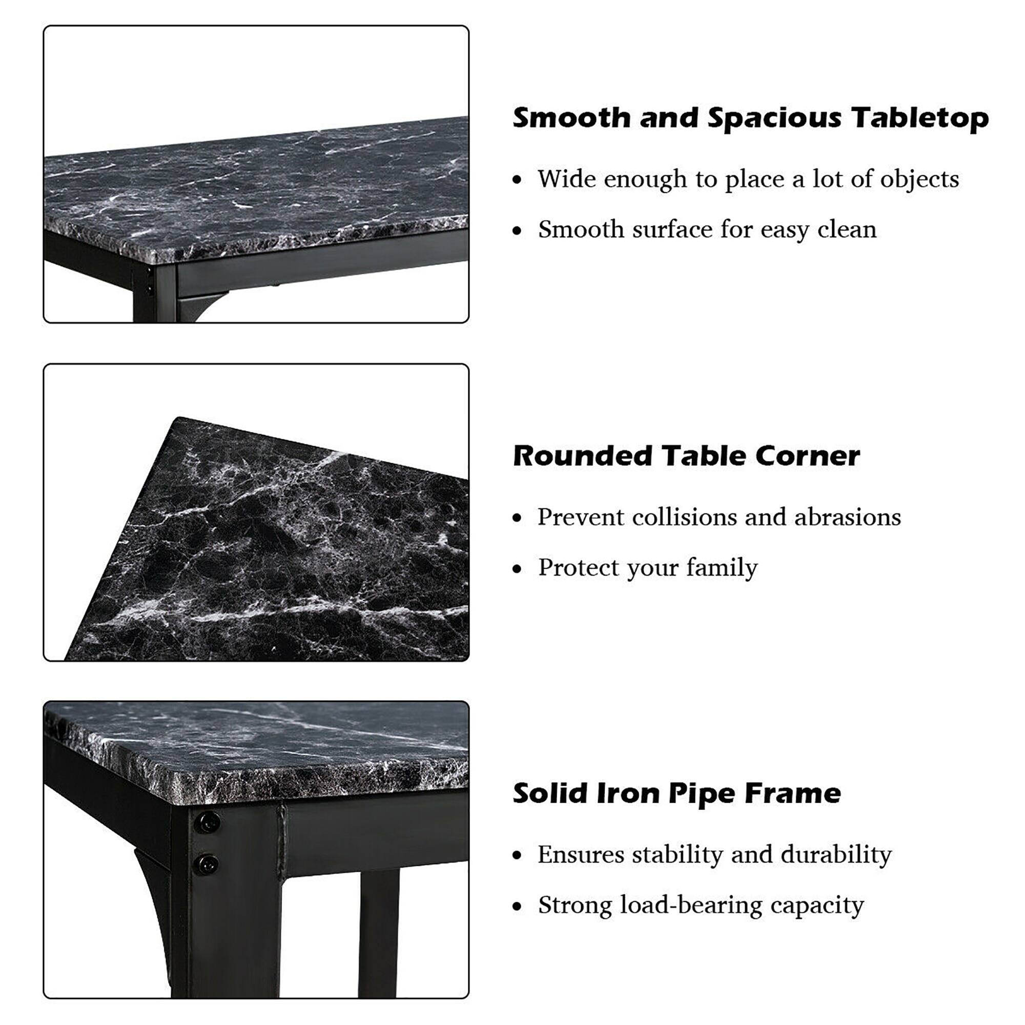Smooth and Spacious Tabletop: Wide enough to place a lot of objects. Smooth surface for easy cleaning.

Rounded Table Corner: Prevent collisions and abrasions. Protect your family.

Solid Iron Pipe Frame: Ensures stability and durability. Strong load-bearing capacity.