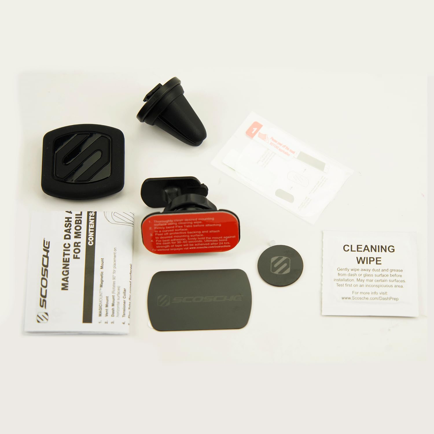 **SCOSCHE MAGNETIC DASH MOBILE MOUNT**

**CONTENTS FOR 5**

1. Magnetic Mount
2. Rotating Mount
3. Dash Collar
4. Tuo
5. Buad thas sudrom
6. an fore tu AUTAUE umar
7. sapm

**CLEANING WIPE**

Gently wipe away dust and grease from dash glass surface before installation. May mar certain surfaces. Test first on an inconspicuous area.

For more info visit: www.Scosche.com/DashPrep