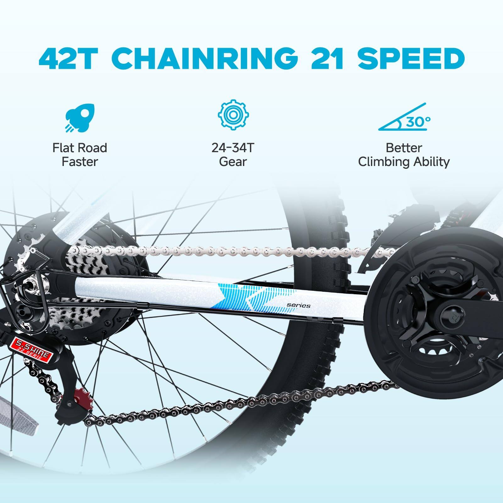 42T Chainring 21 Speed

- Flat Road Faster
- 24-34T Gear
- Better Climbing Ability

Series: S.SHINE