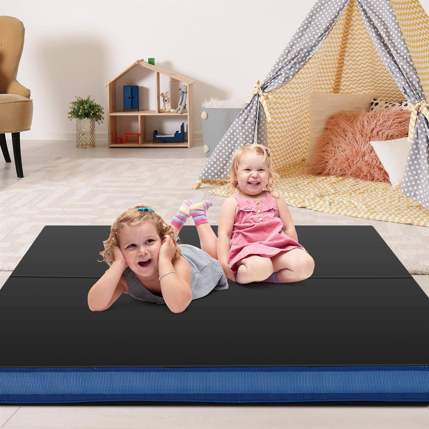 Back. Pefilos - Bi-Fold Gymnastics Mat, 4-Inch Thick Foam with Waterproof PU Leather, Foldable Design with Handles for Yoga & Stretching - Black.