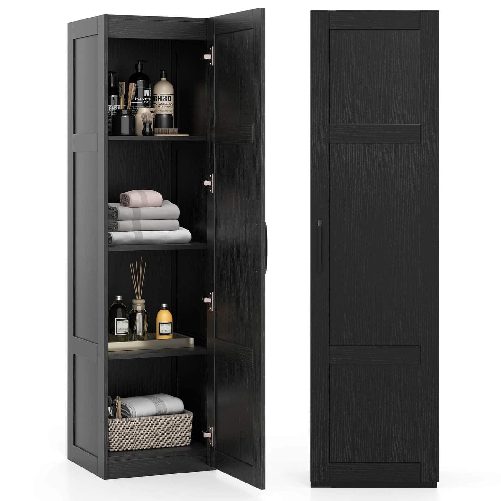 Costway - 4-Tier Storage Cabinet with Door Freestanding Bathroom Cabinet for Small Space - Black