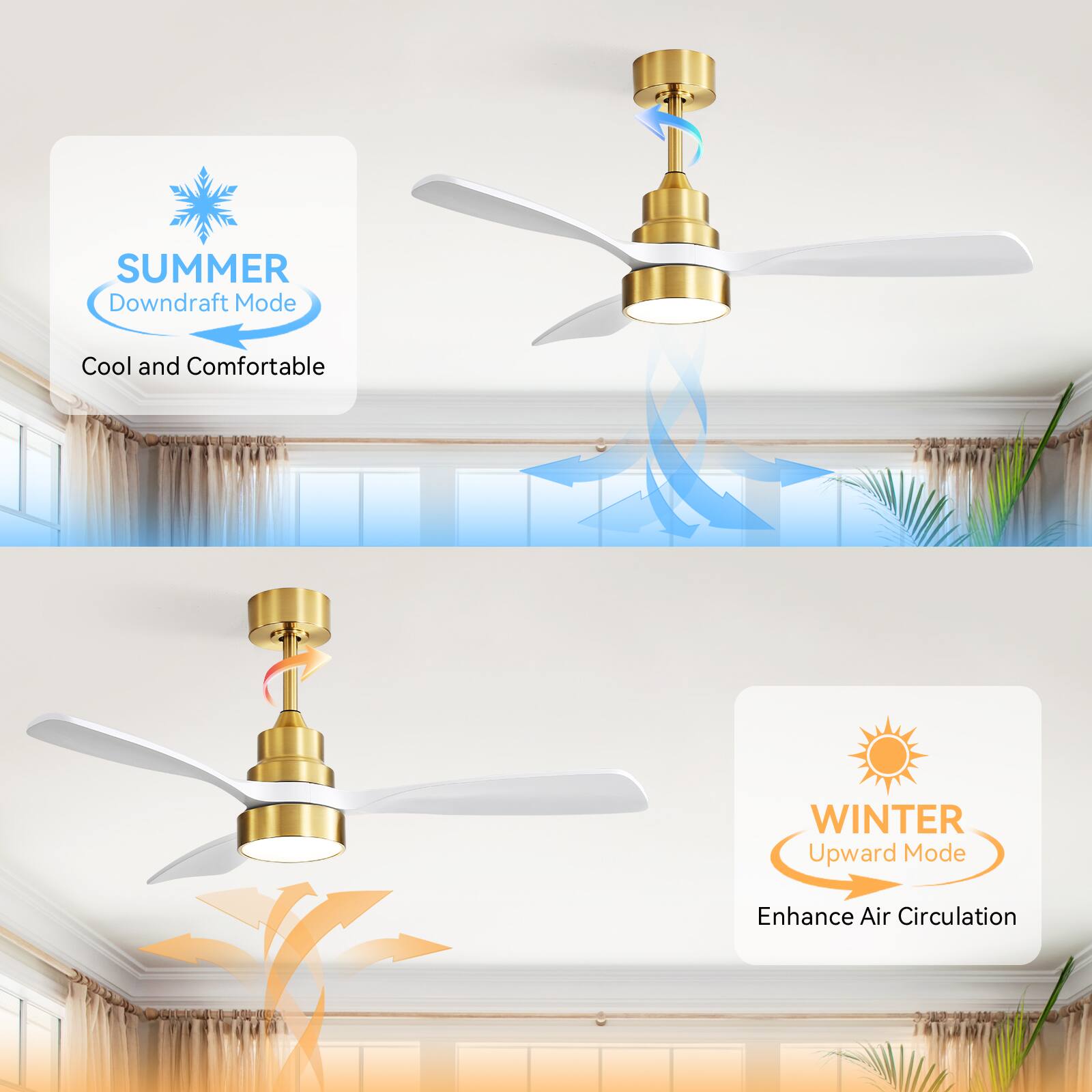 SUMMER  
Downdraft Mode  
Cool and Comfortable  

WINTER  
Upward Mode  
Enhance Air Circulation