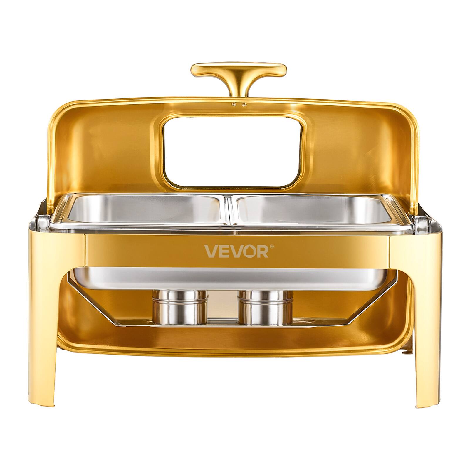 Alt View 5. VEVOR - Roll Top Chafing Dish Buffet Set, 9Qt Stainless Steel Chafer with Full Size Pan, Rectangle Catering Warmer Server - Gold.
