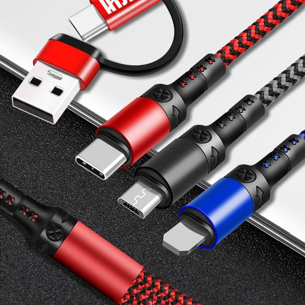 Alt View 1. PARKER SLATER - 6 in 1 multi charging cable, 4ft USB A/C to USB-C, Micro USB, i-P connector for phones, tablets, and more. - Red/Black/Blue.