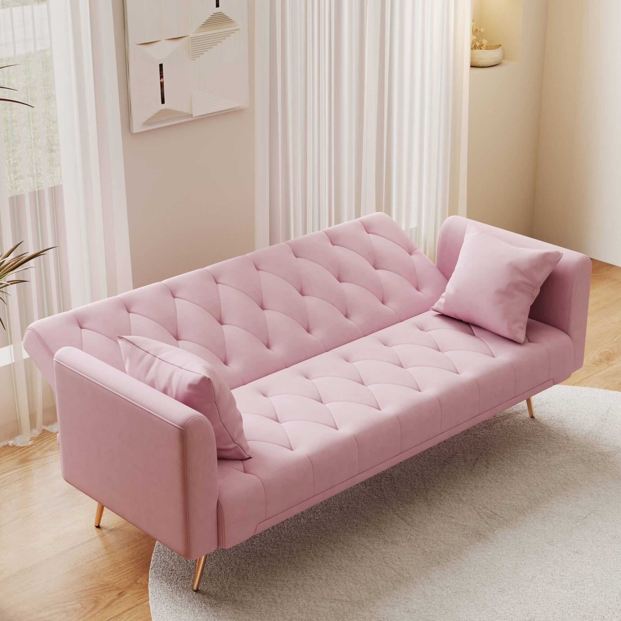 Alt View 4. GOODSILO - Convertible Velvet Sofa Bed with Adjustable Backrest for Small Spaces, Living Room and Office Use - Pink.
