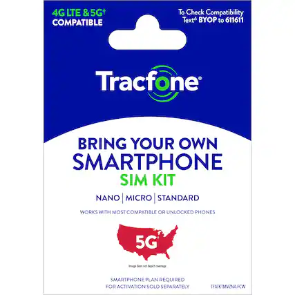 Tracfone Bring Your Own Smartphone SIM Kit Nano | Micro | Standard Works with Most Compatible or Unlocked Phones 4G LTE & 5G+ Compatible To Check Compatibility Text BYOP to 611611 Tracfone Smartphone Plan Required for Activation Sold Separately TFATKTMVZNA.FCW