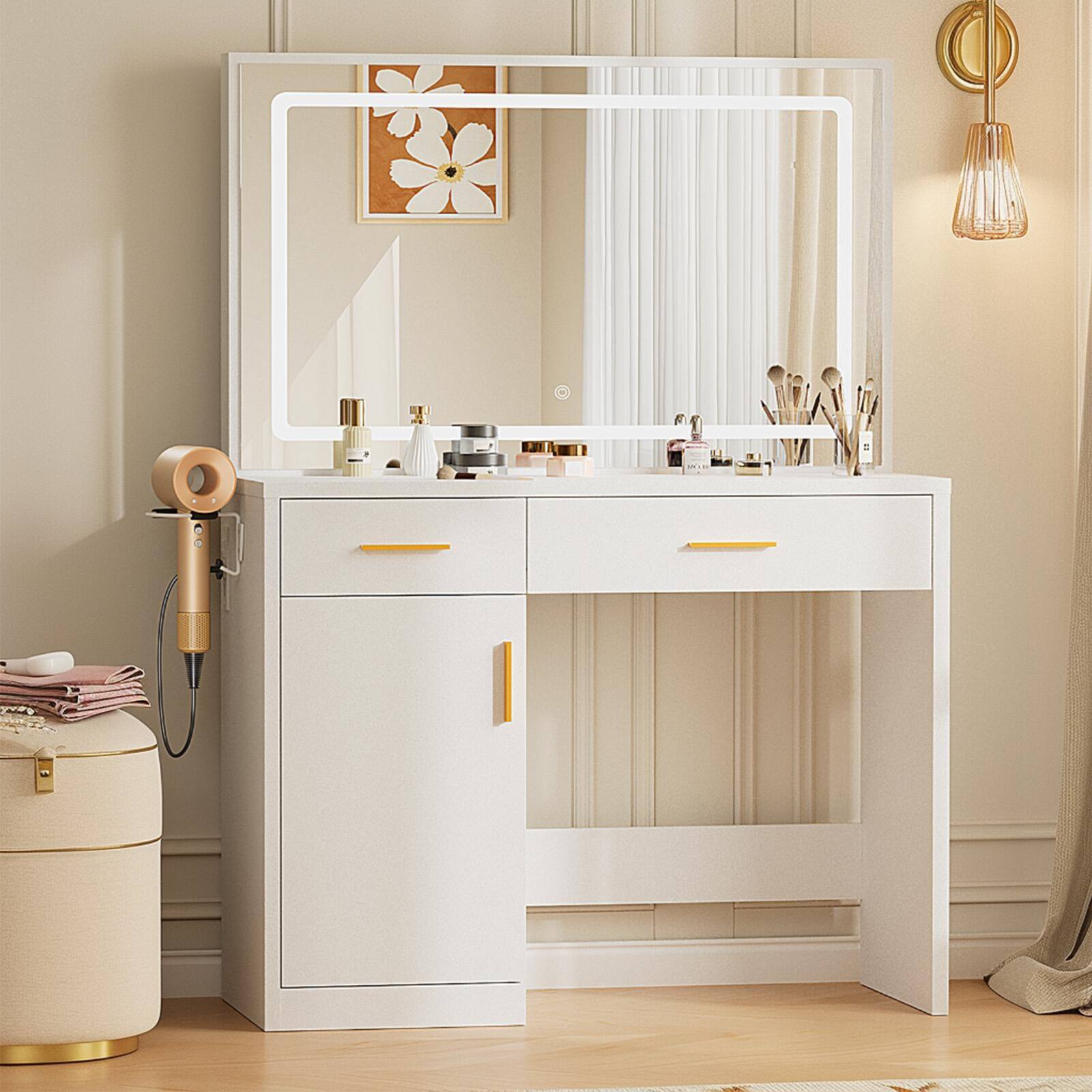 Alt View 1. Lirago - 35.4in. Makeup Vanity Table with Mirror and Lights,Charging Station,2 Drawers,Large Cabinet,3-Color Adjustable Lighting - White.