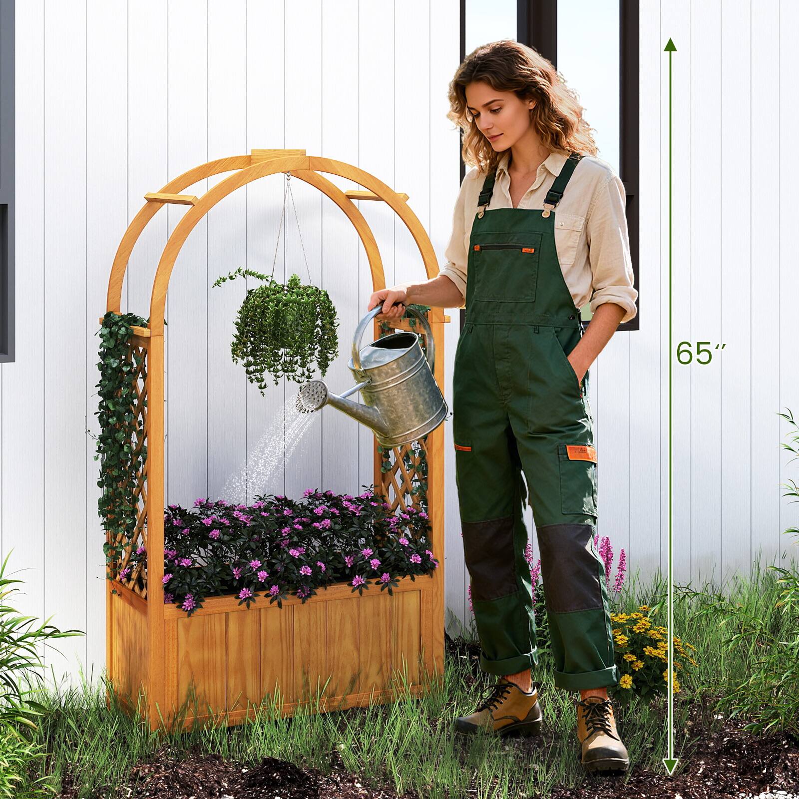 Alt View 3. Gymax - Gymax Wooden Raised Garden Bed w/ Lattice Trellis Arched Roof Liner Drainage Patio - Orange.
