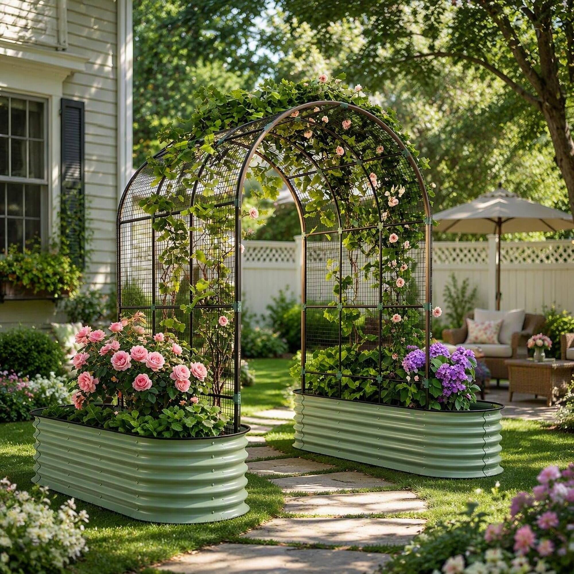 Alt View 2. RYHNUYNE - Raised Garden Bed Set with Arch Trellis and Climbing Net for Vegetables and Flowers, Galvanized Steel Planter - Green.
