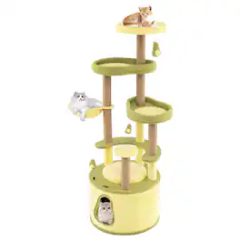 Gymax - Large Avocado Cat Tree Multi-level Cat Tower w/ Large Private Condo Fun Pompoms
