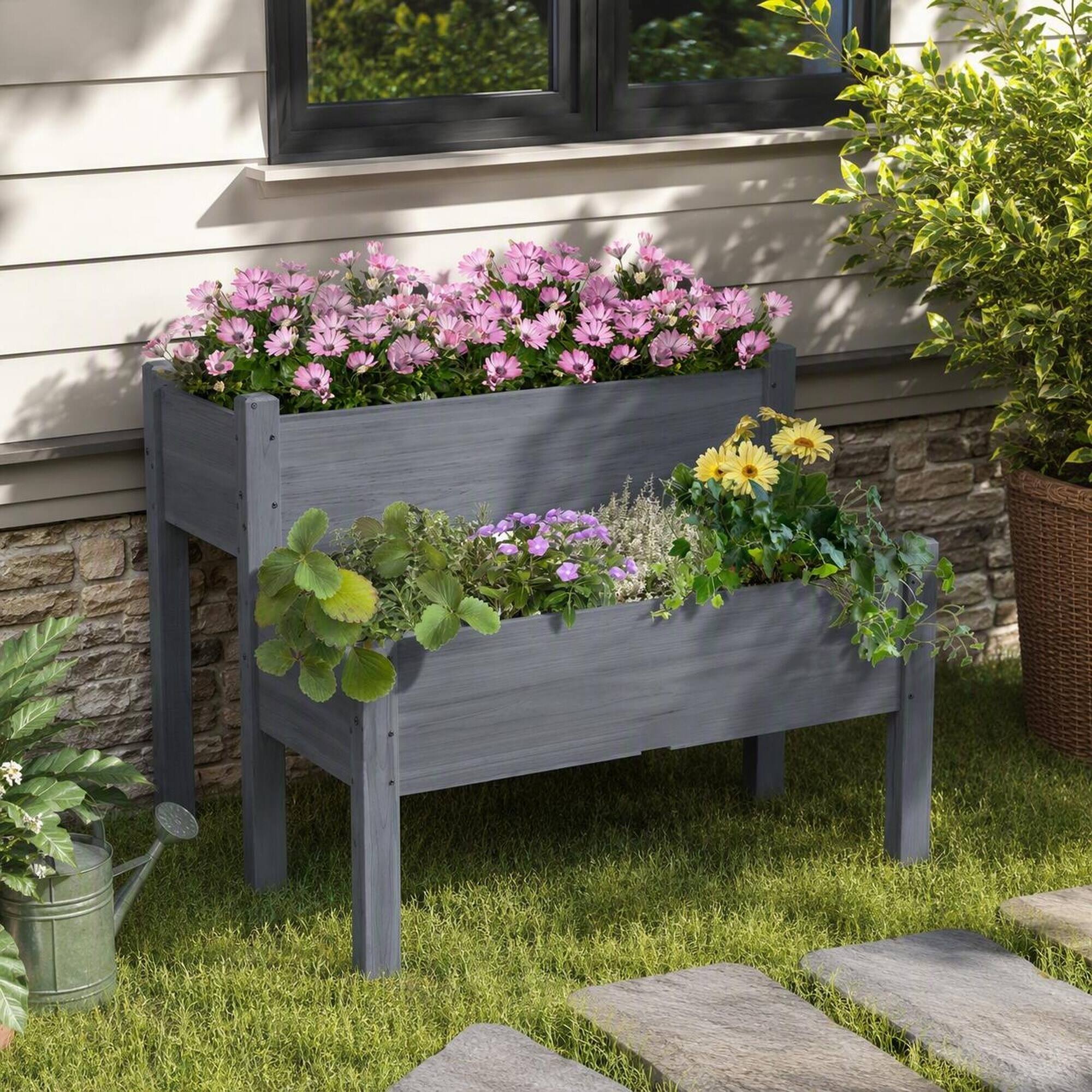 Angle. RYHNUYNE - Raised Garden Bed 2-Tier Elevated Wood Planter Box for Patio Backyard to Grow Vegetables Herbs Flowers Gray - Gray.