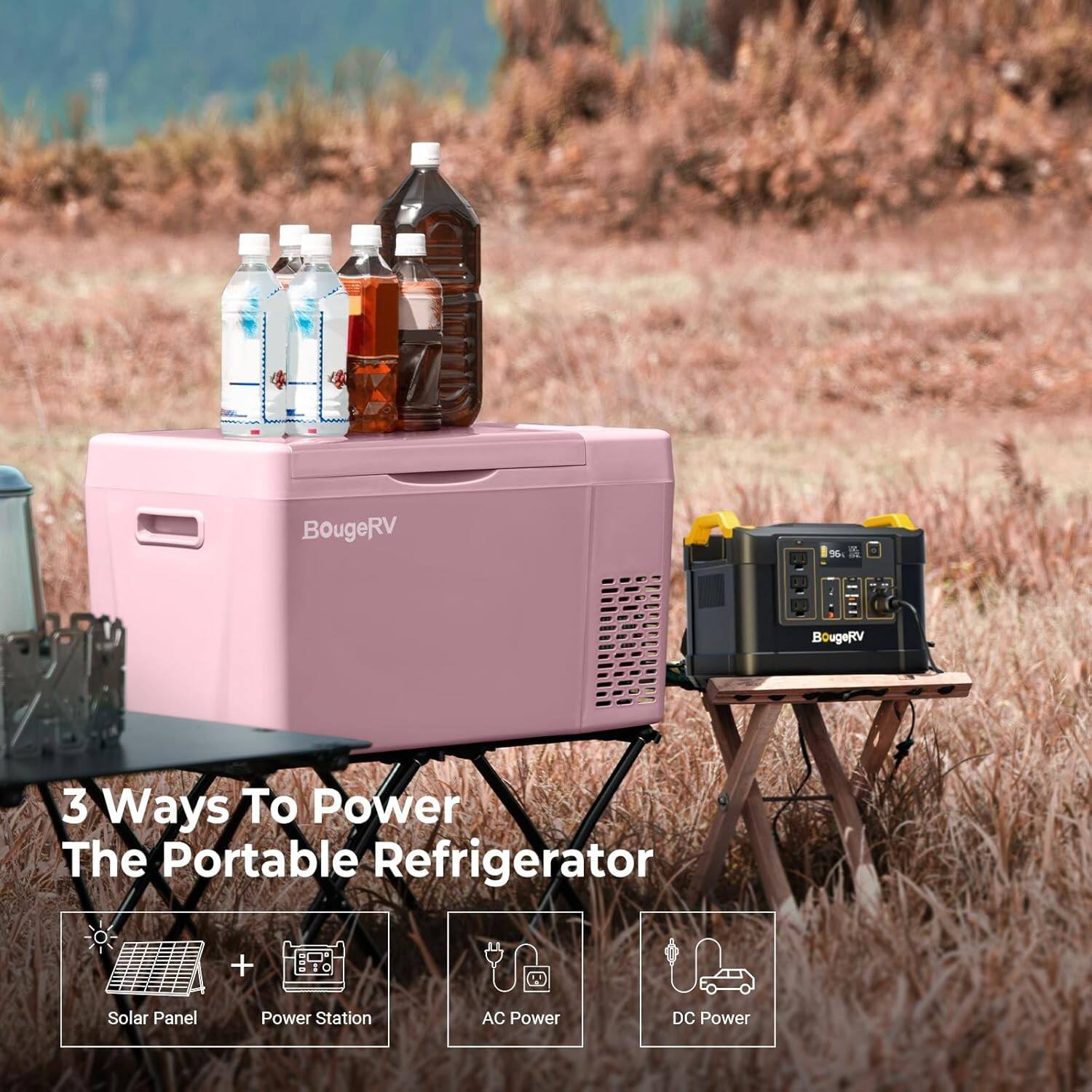 BougeRV  
3 Ways To Power The Portable Refrigerator  
+ Solar Panel  
+ Power Station  
+ AC Power  
+ DC Power