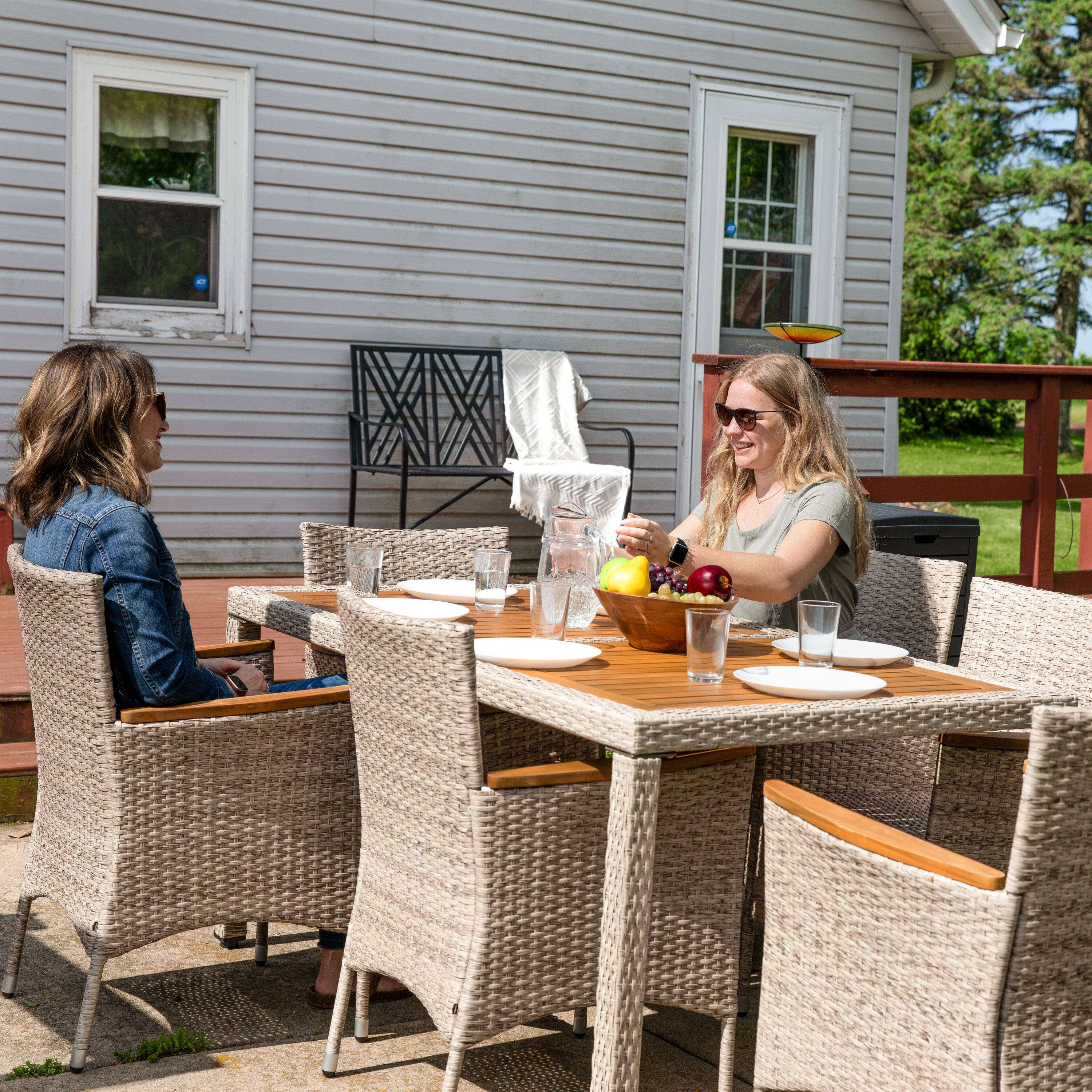 Alt View 4. Sunnydaze - Foxford Acacia Wood and Resin Rattan 7-Piece Patio Dining Set - Brown.