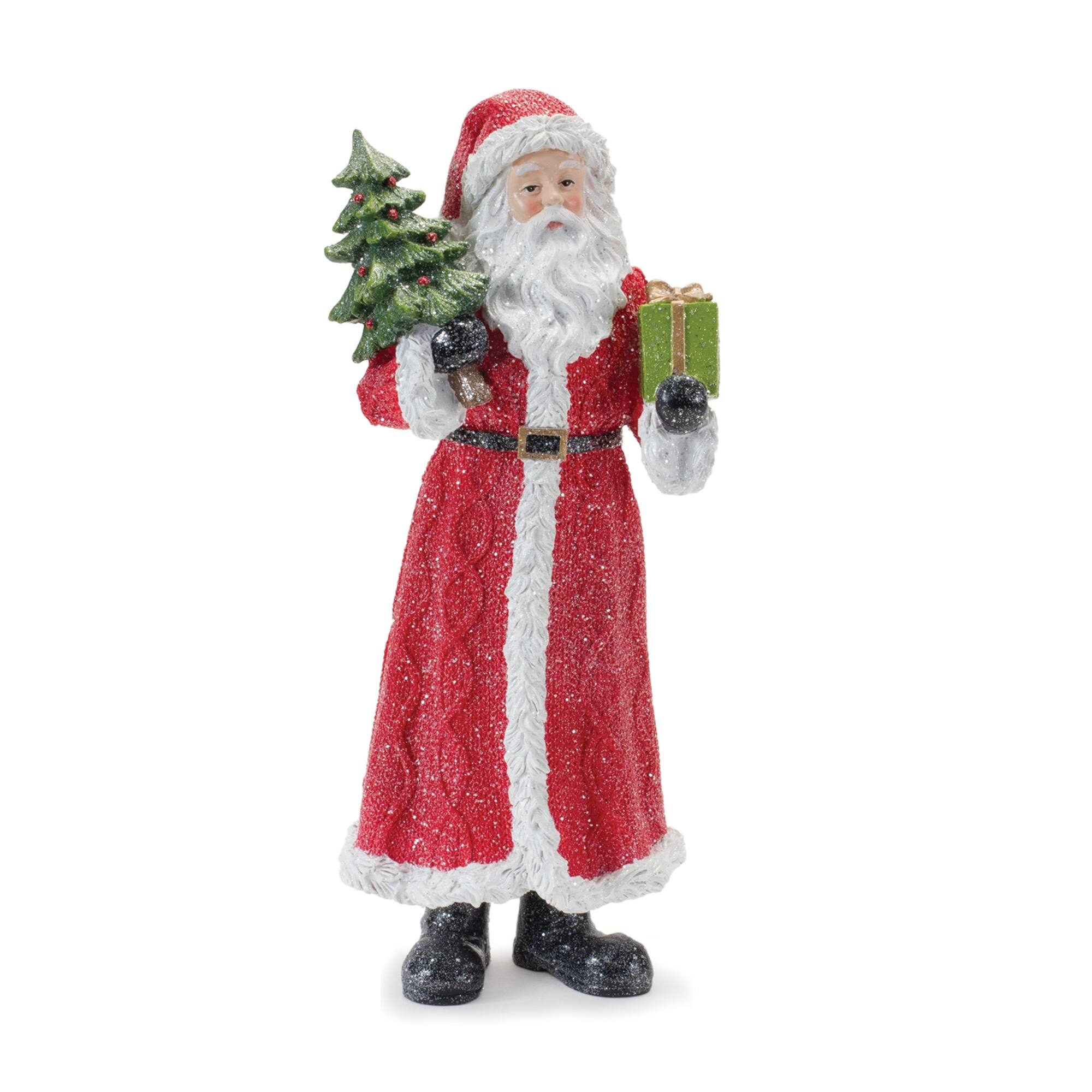Angle. BreeBe - Glitter Santa Figurine with Pine Accent (Set of 3) - Red, Green.