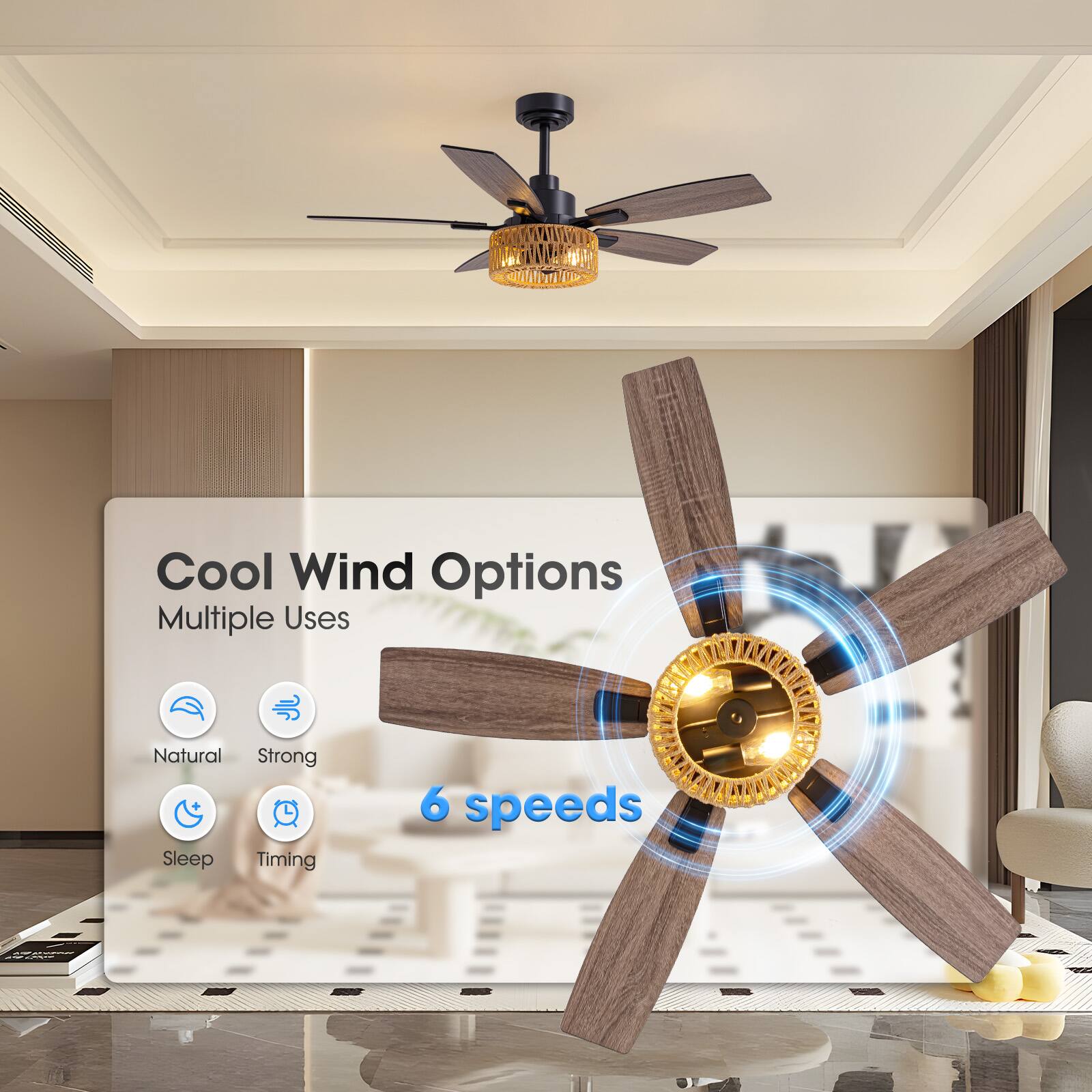 Cool Wind Options  
Multiple Uses  
Natural  
Strong  
Sleep  
Timing  
6 speeds