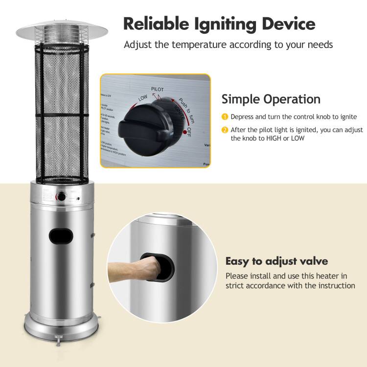 Reliable Igniting Device  
Adjust the temperature according to your needs  

Simple Operation  
1. Depress and turn the control knob to ignite  
2. After the pilot light is ignited, you can adjust the knob to HIGH or LOW  

Easy to adjust valve  
Please install and use this heater in strict accordance with the instruction